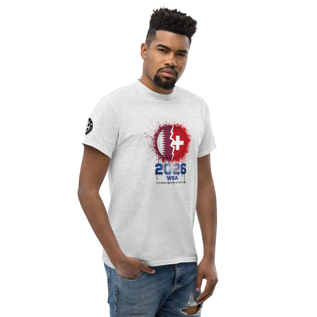 Man wearing a white t-shirt with a graphic design on a white background