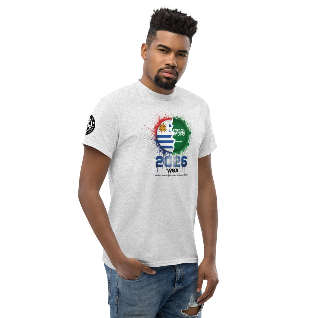 Man wearing a white t-shirt with a colorful design and text on a white background