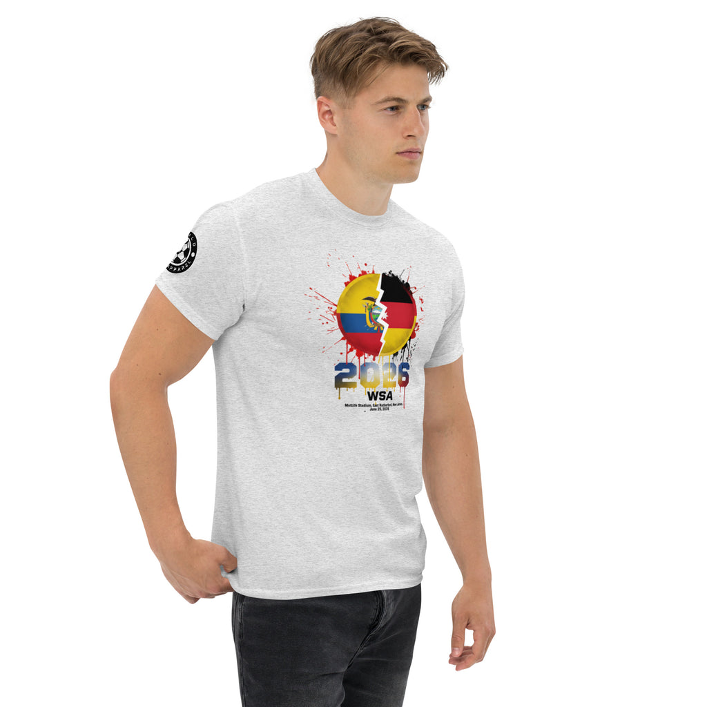 Man wearing a white t-shirt with a colorful graphic design on a white background