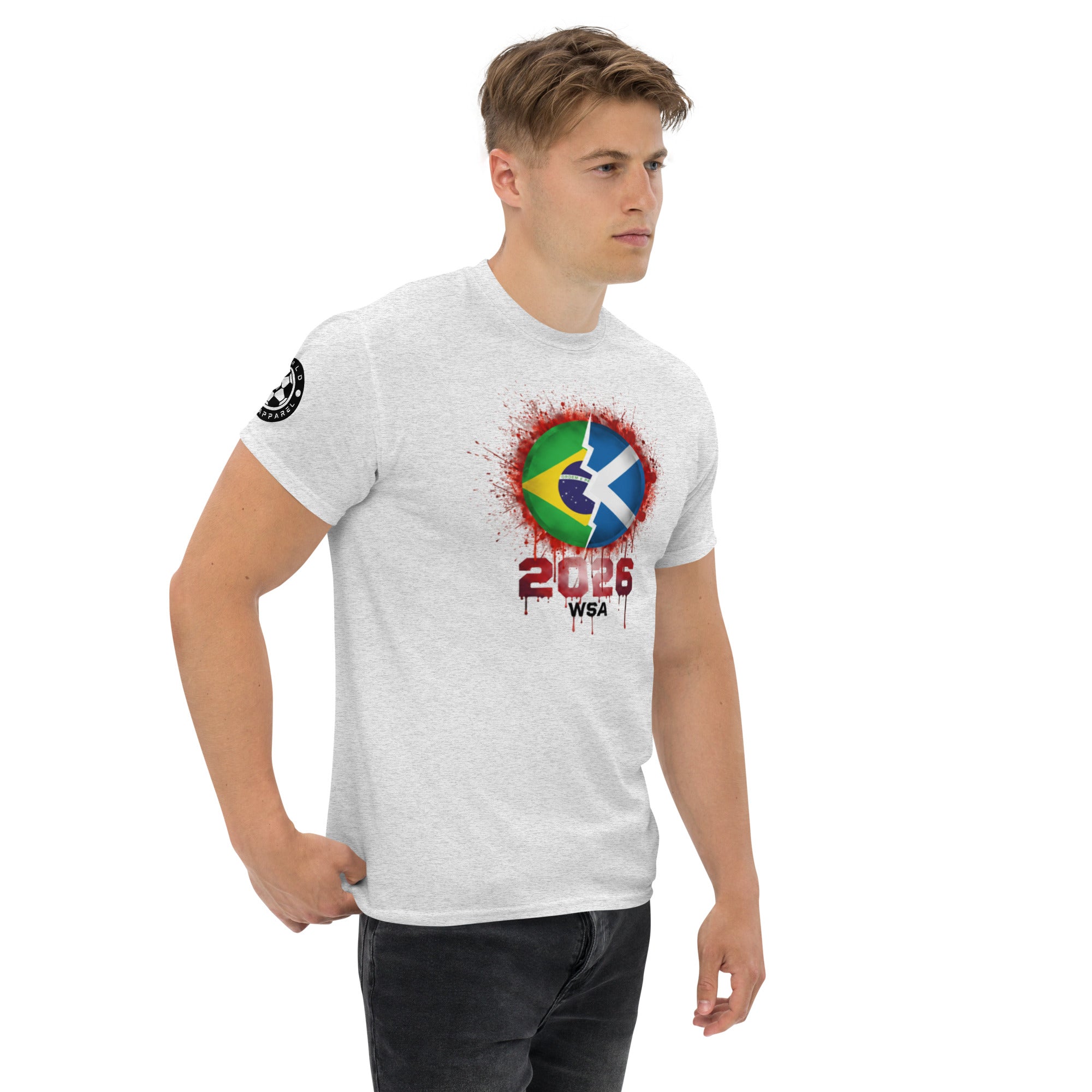 Man wearing a white t-shirt with a colorful design and text on a white background