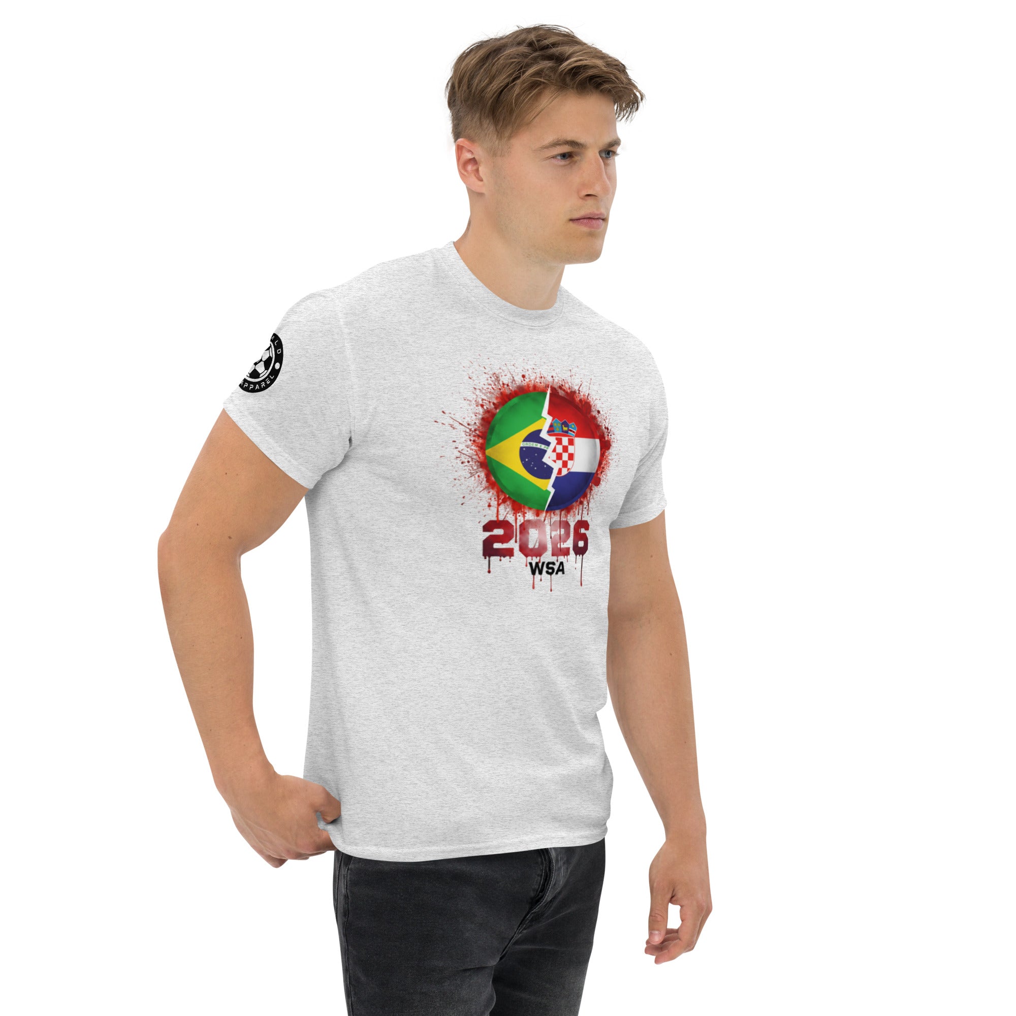 Man wearing a white t-shirt with a colorful design and text on a white background