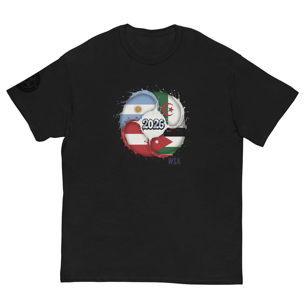 Black t-shirt with a graphic design featuring flags and the year 2026 on a white background
