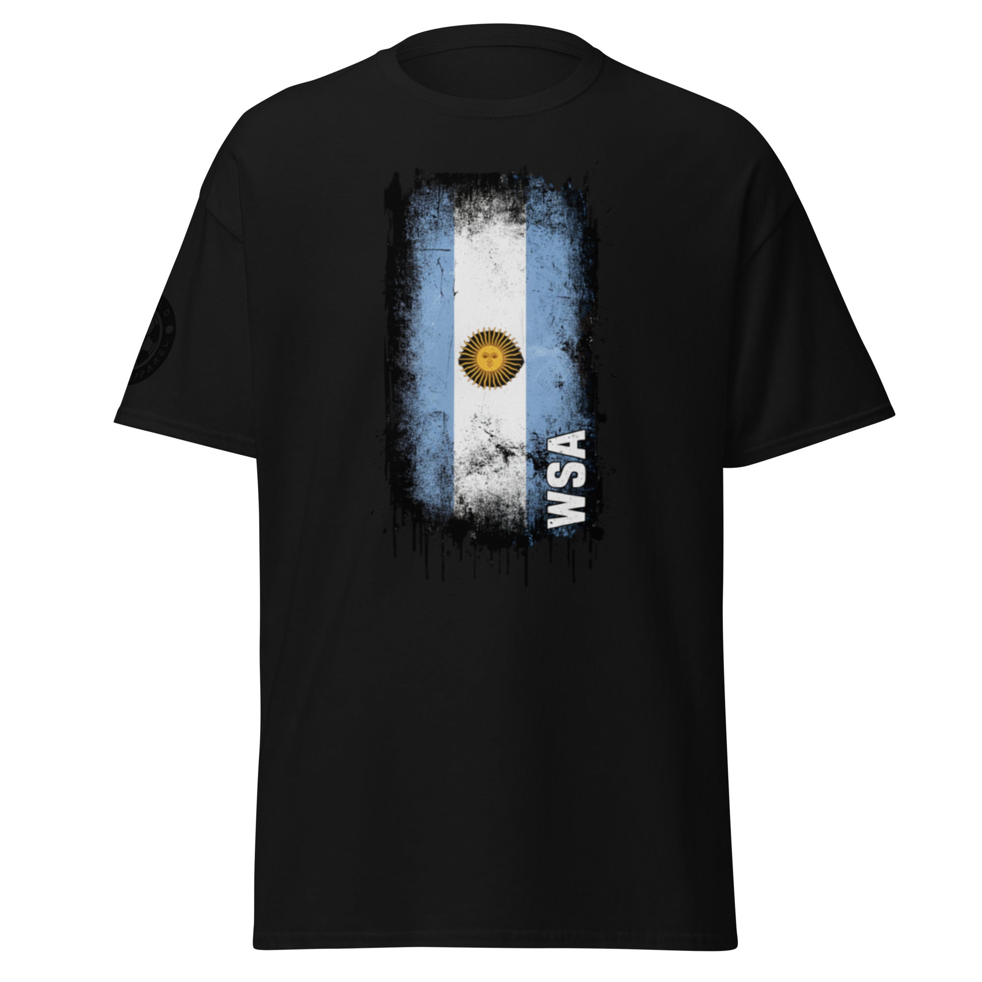 Black t-shirt with a distressed Argentina flag design on a white background