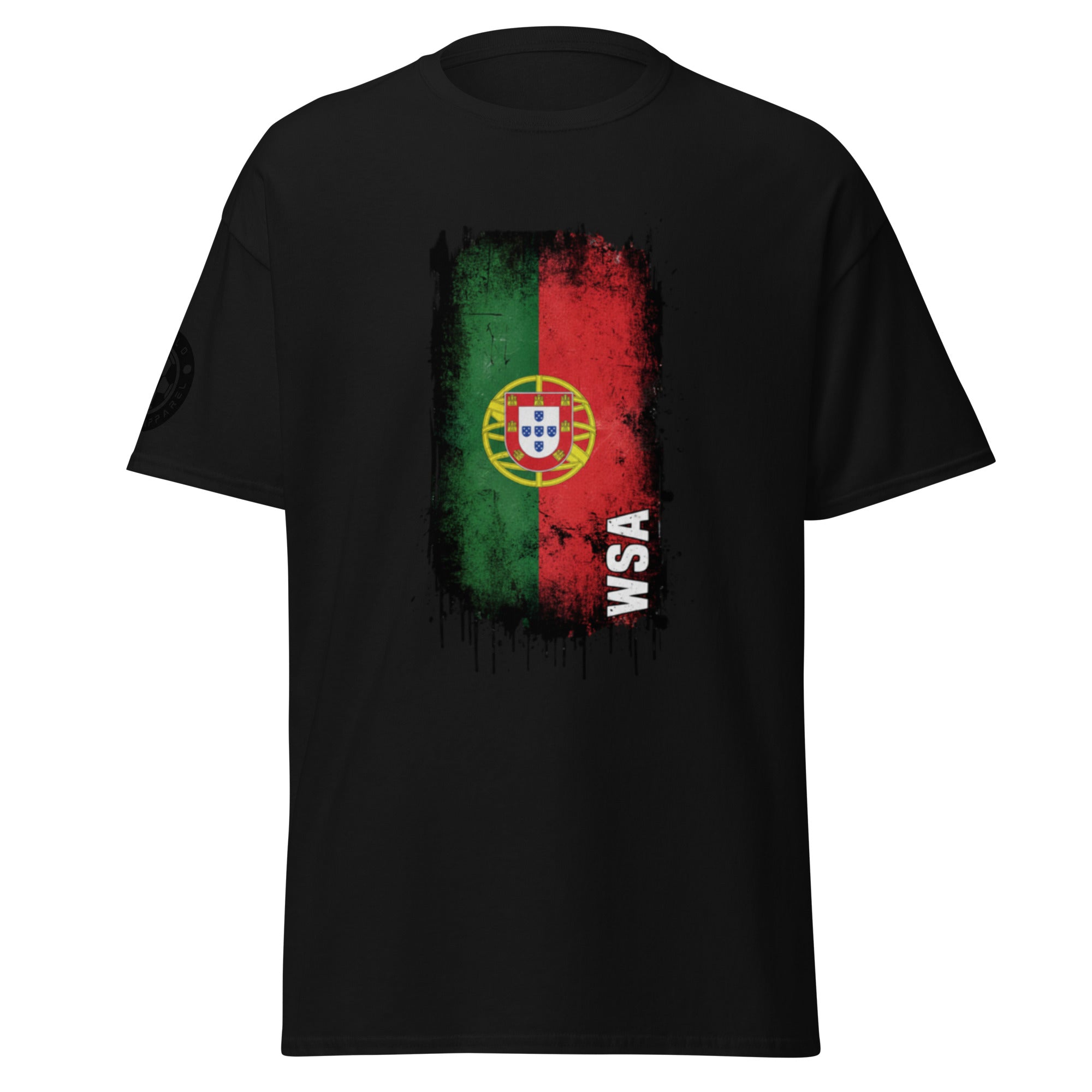 Black t-shirt with a colorful graphic design on a white background