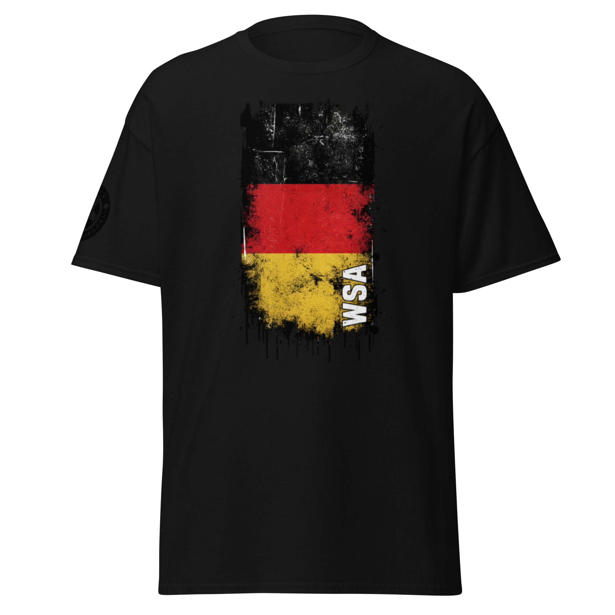 Black t-shirt with a German flag design on a white background