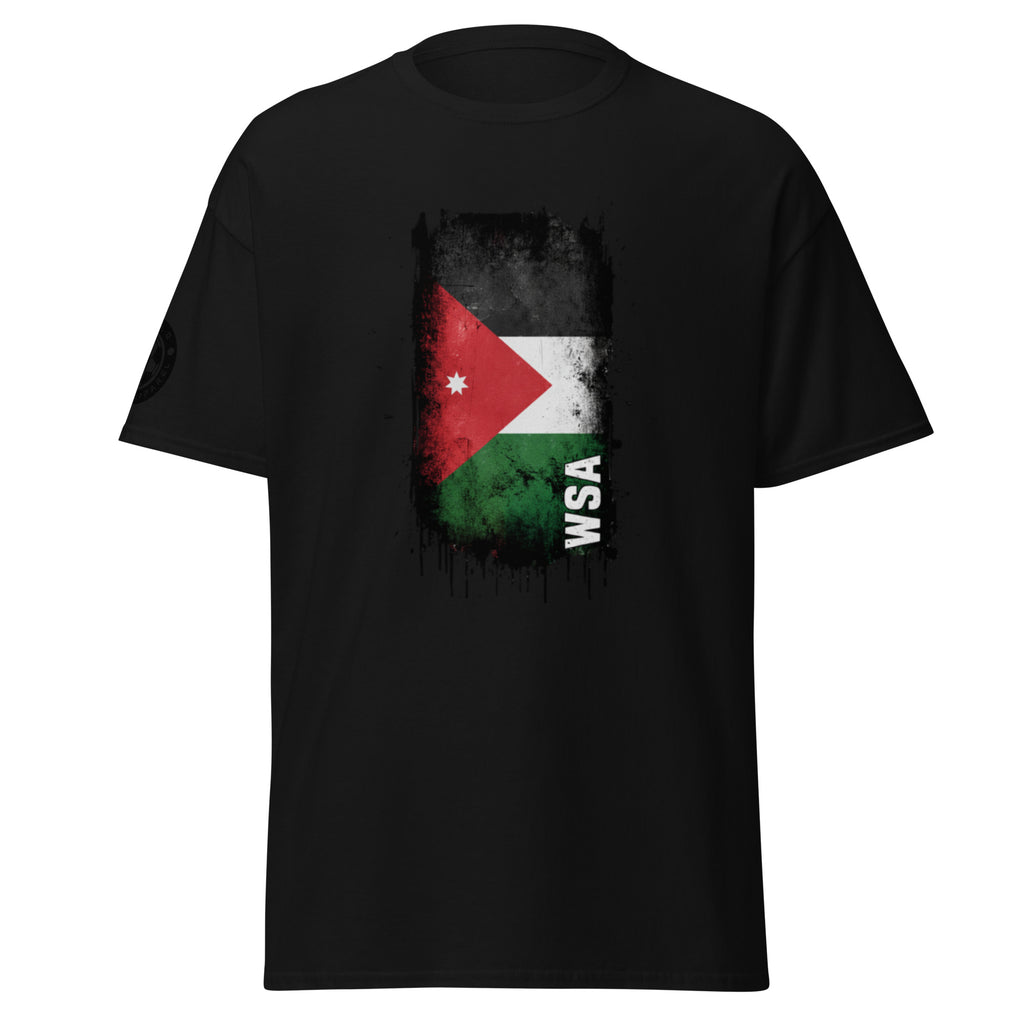 Black t-shirt with Jordanian flag design and 'WSA' text on a white background