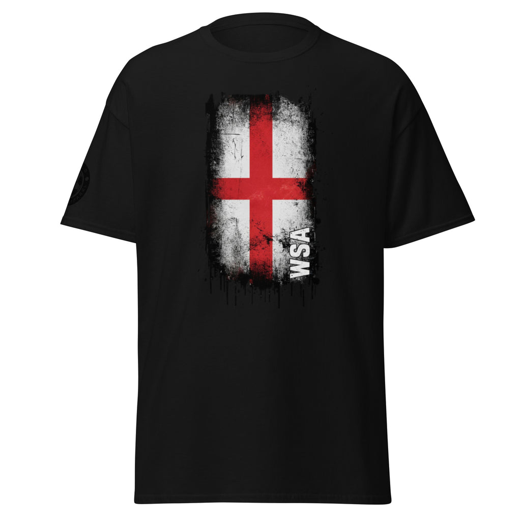 Black t-shirt with a red cross and 'WSA' text on a white background