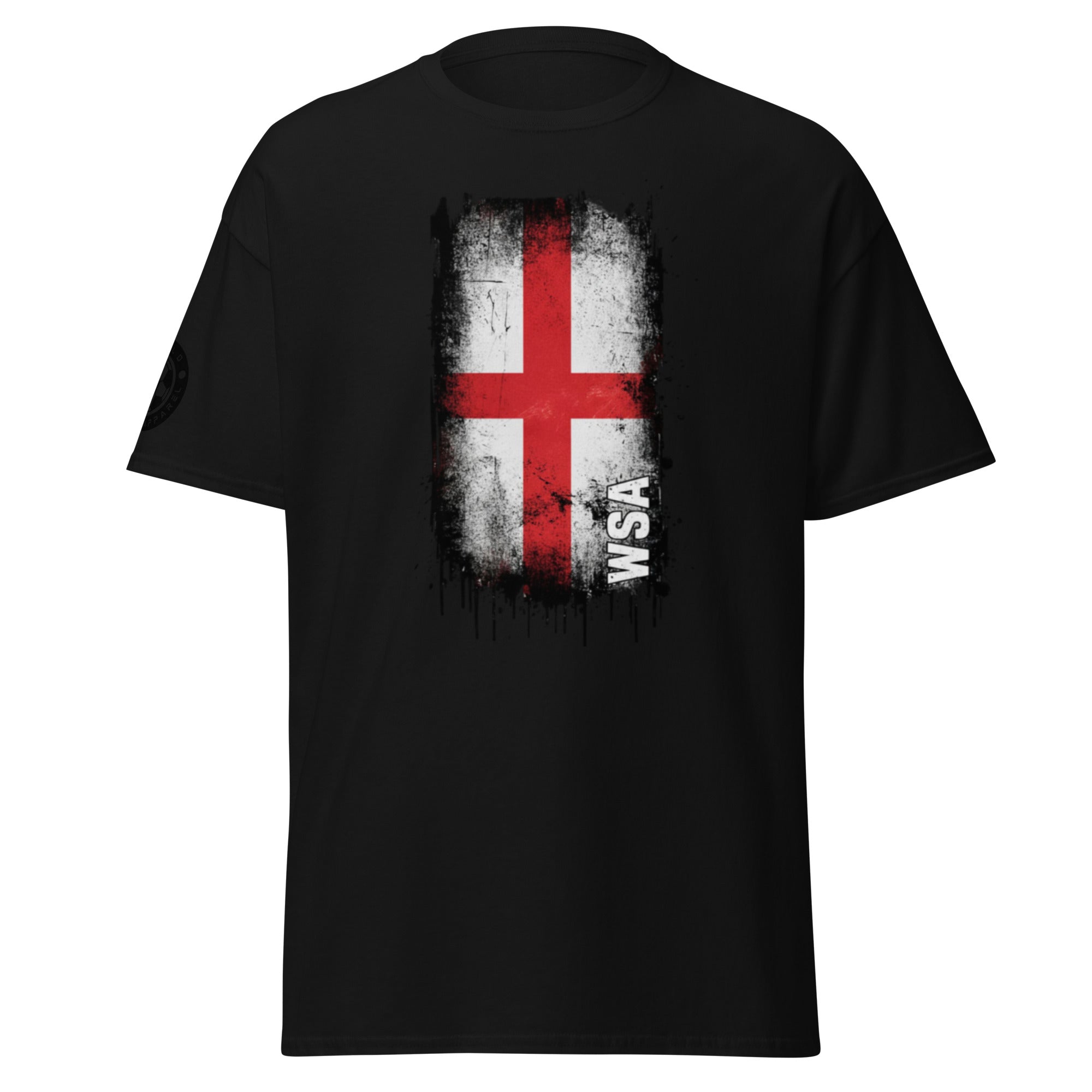 Black t-shirt with a red cross and 'WSA' text on a white background
