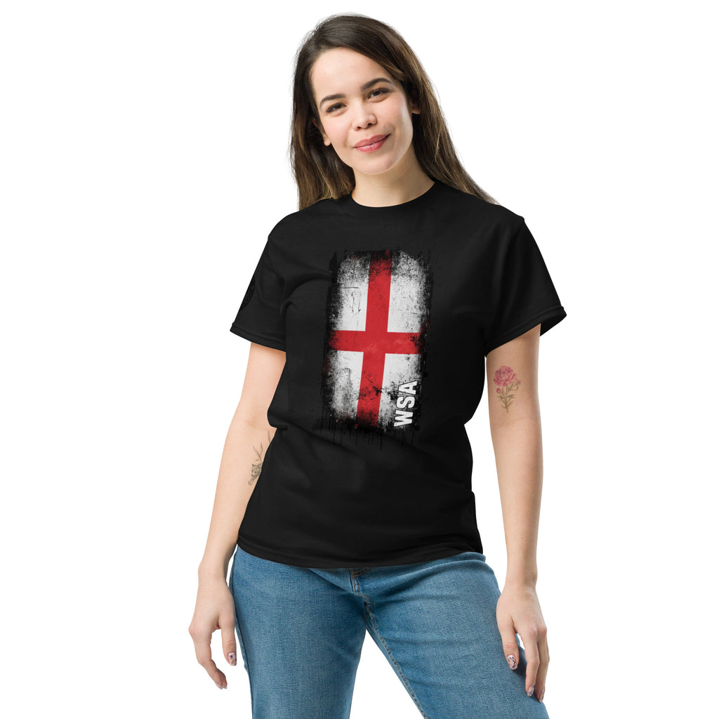 Woman wearing a black t-shirt with a red and white design on a white background