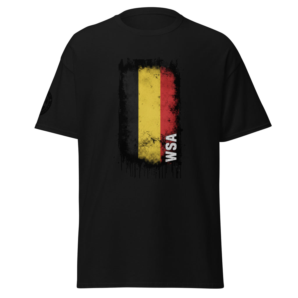 Black t-shirt with a yellow and red design featuring 'WSA' on a white background