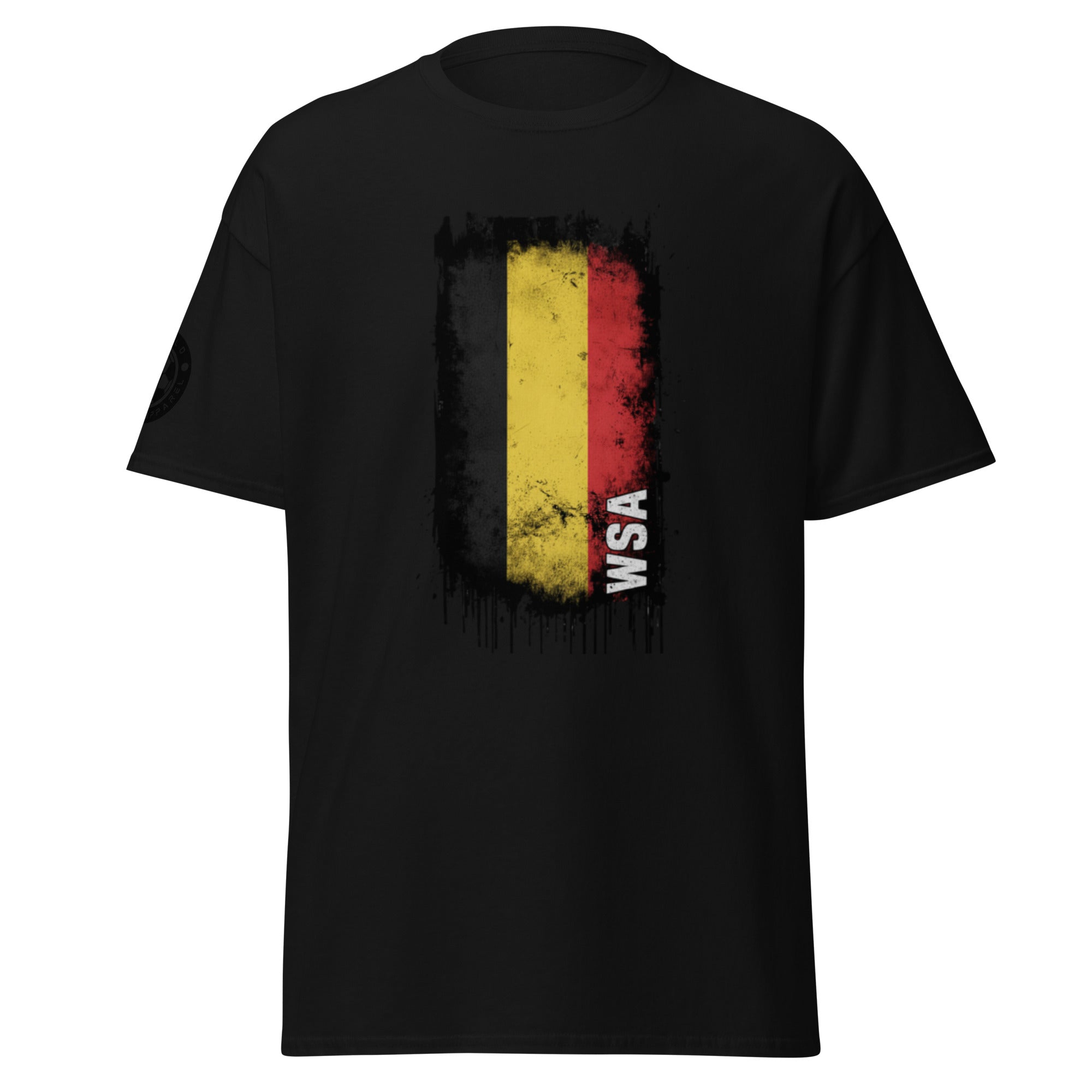 Black t-shirt with a yellow and red design featuring 'WSA' on a white background