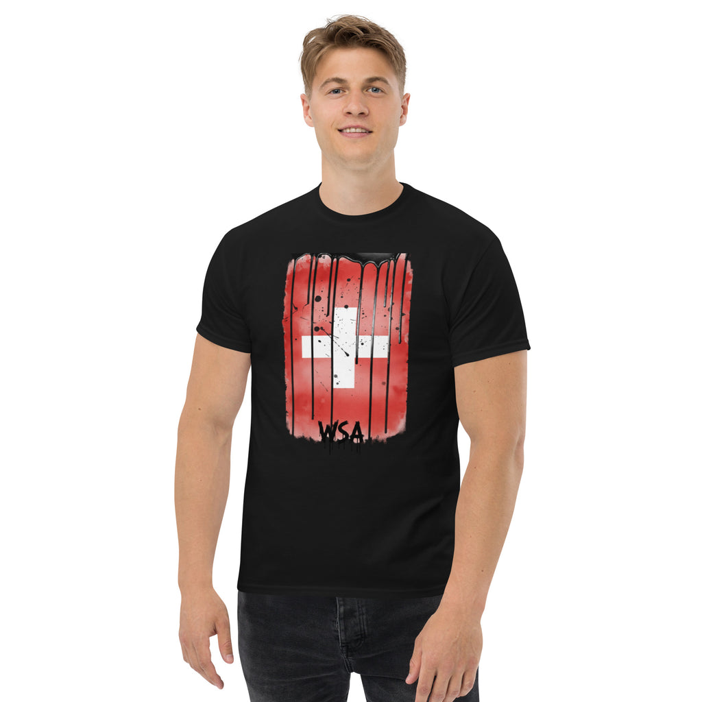 Person wearing a black t-shirt with a red and white graphic design on a white background