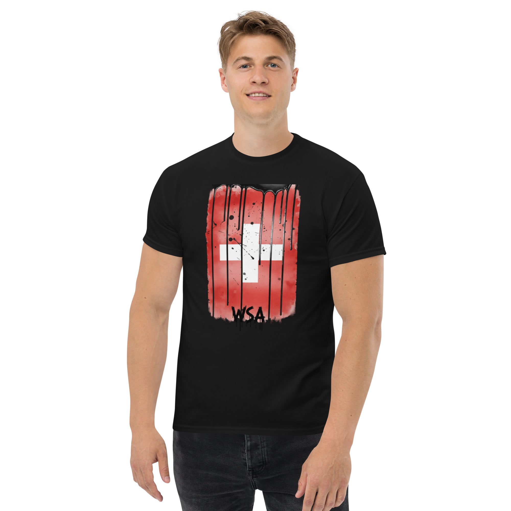 Person wearing a black t-shirt with a red and white graphic design on a white background
