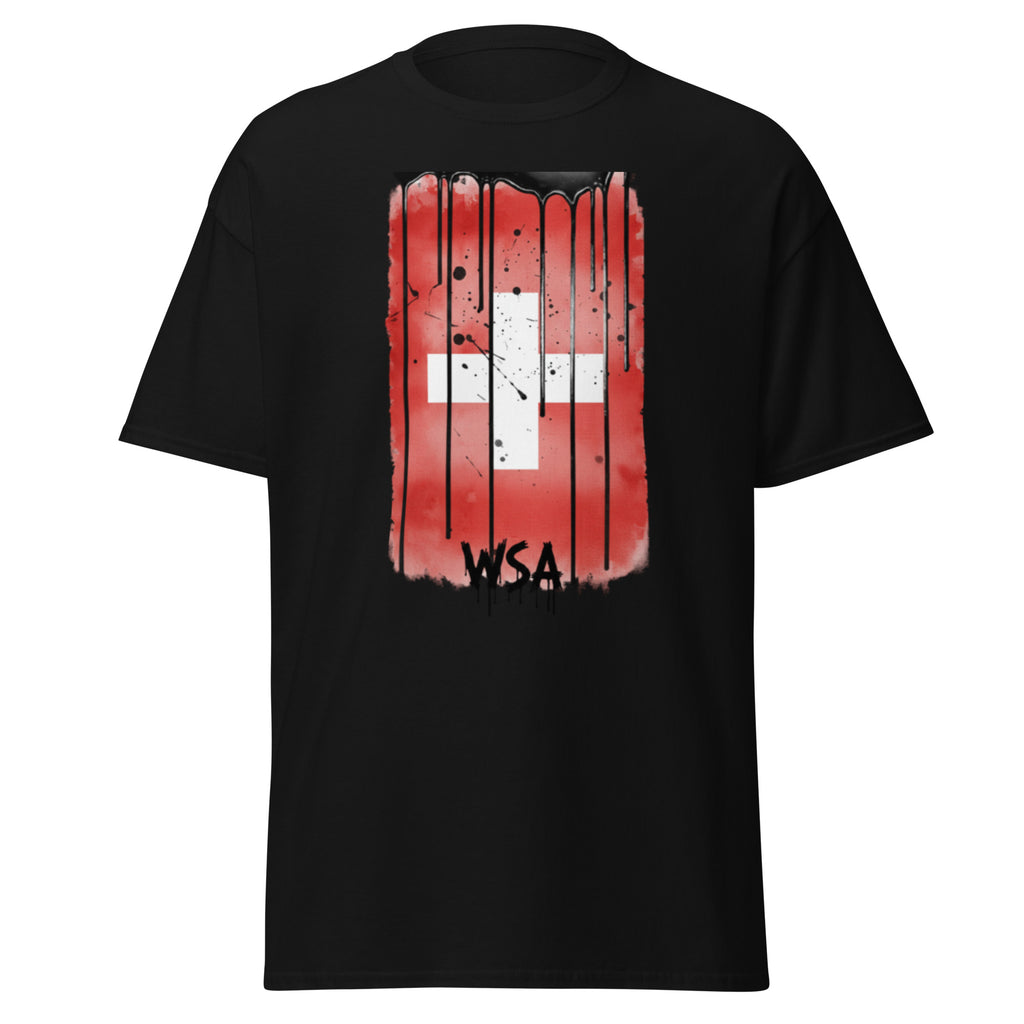 Black t-shirt with a red and white graphic design on a white background
