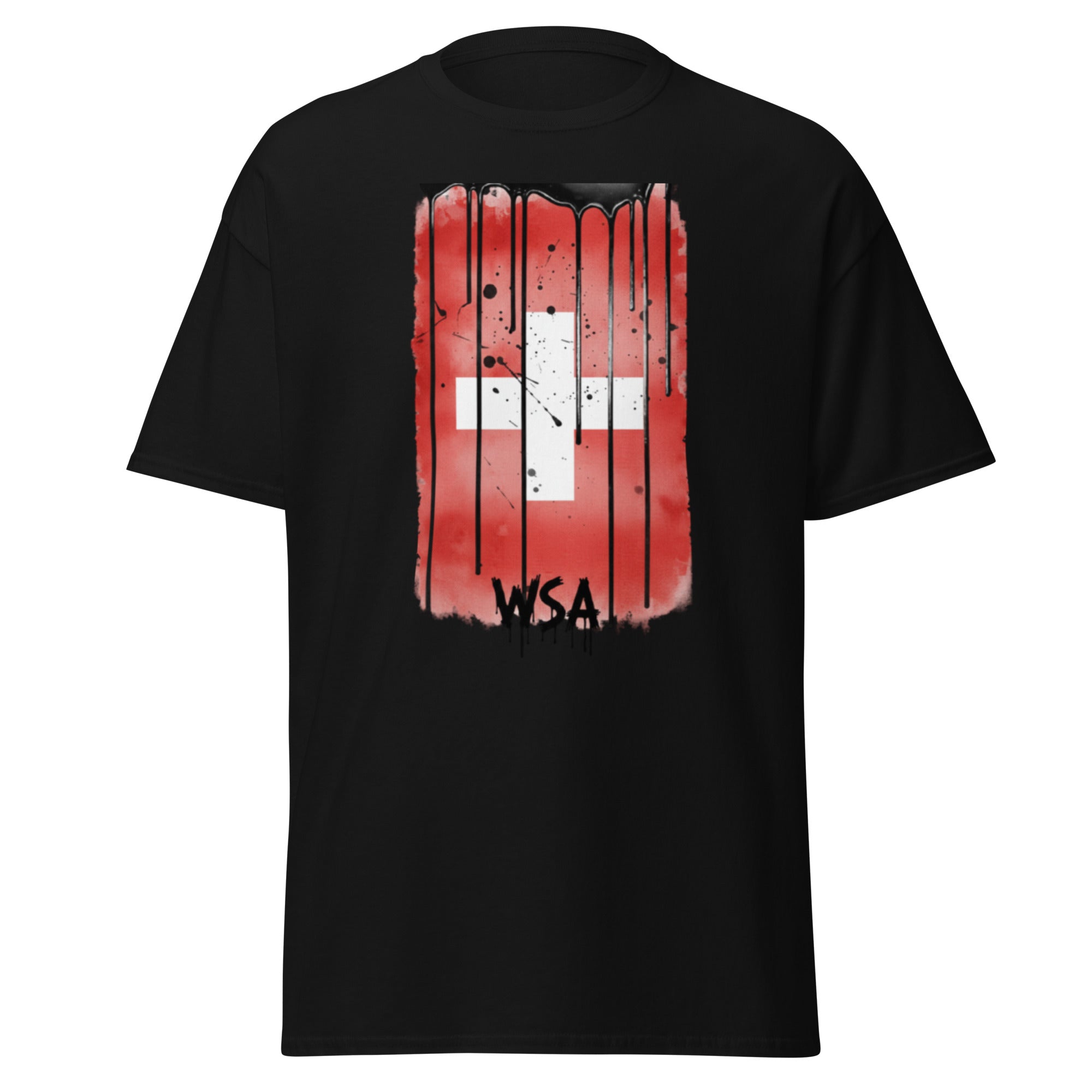 Black t-shirt with a red and white graphic design on a white background
