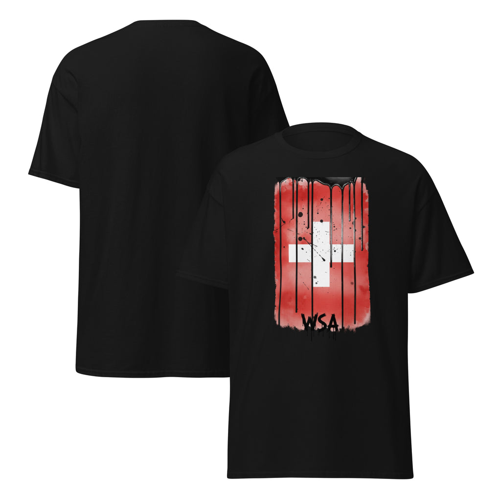 Black t-shirt with red and white graphic design on a white background