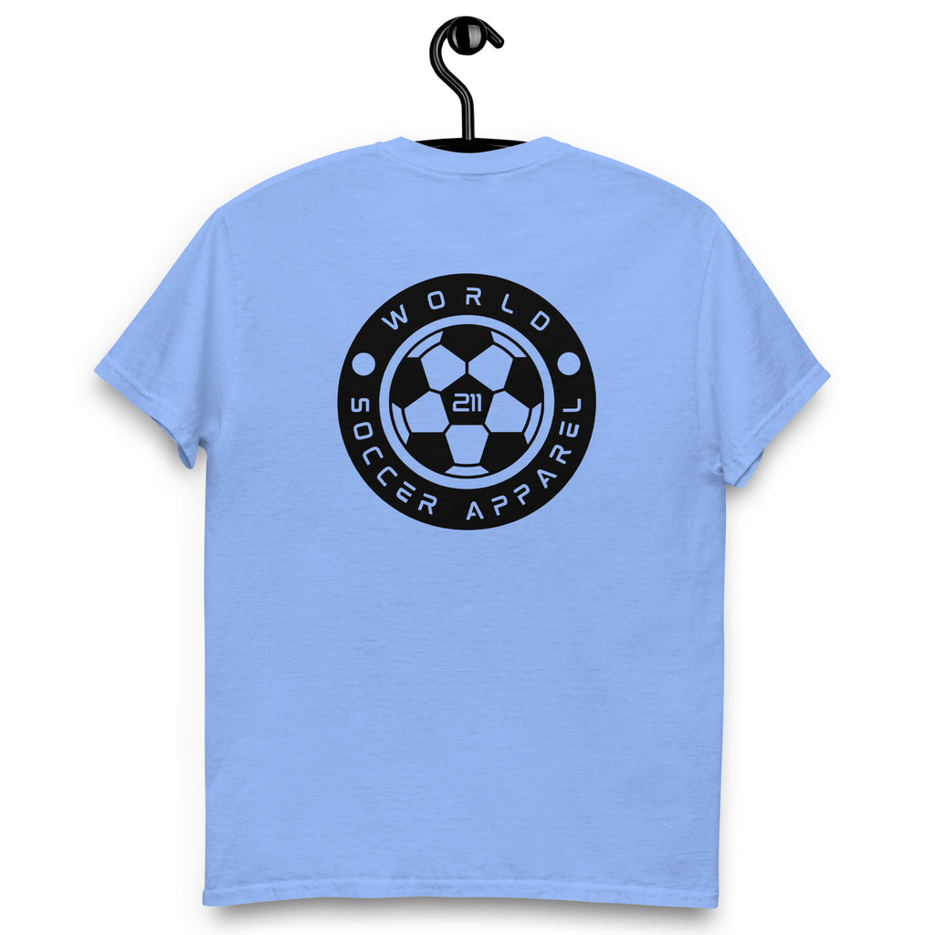 Light blue t-shirt with World Soccer Apparel logo on a hanger