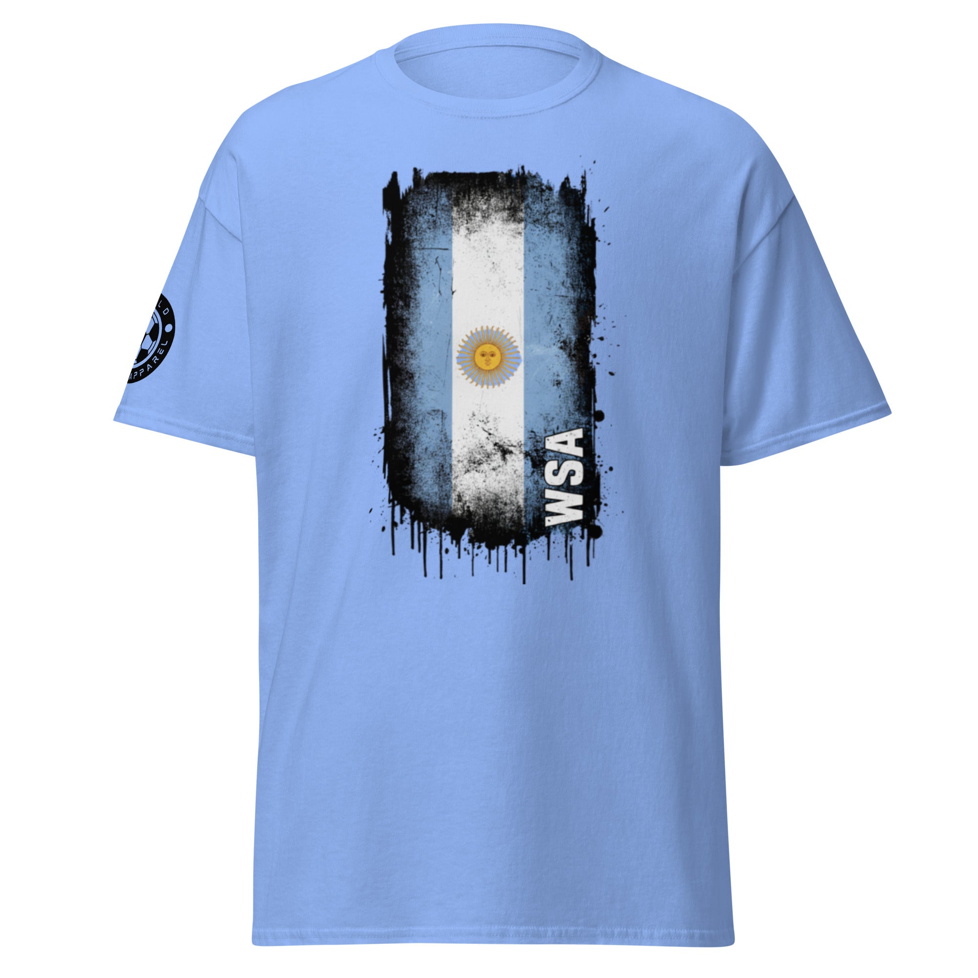 Light blue t-shirt with a graphic design of a flag and 'WSA' text on a white background