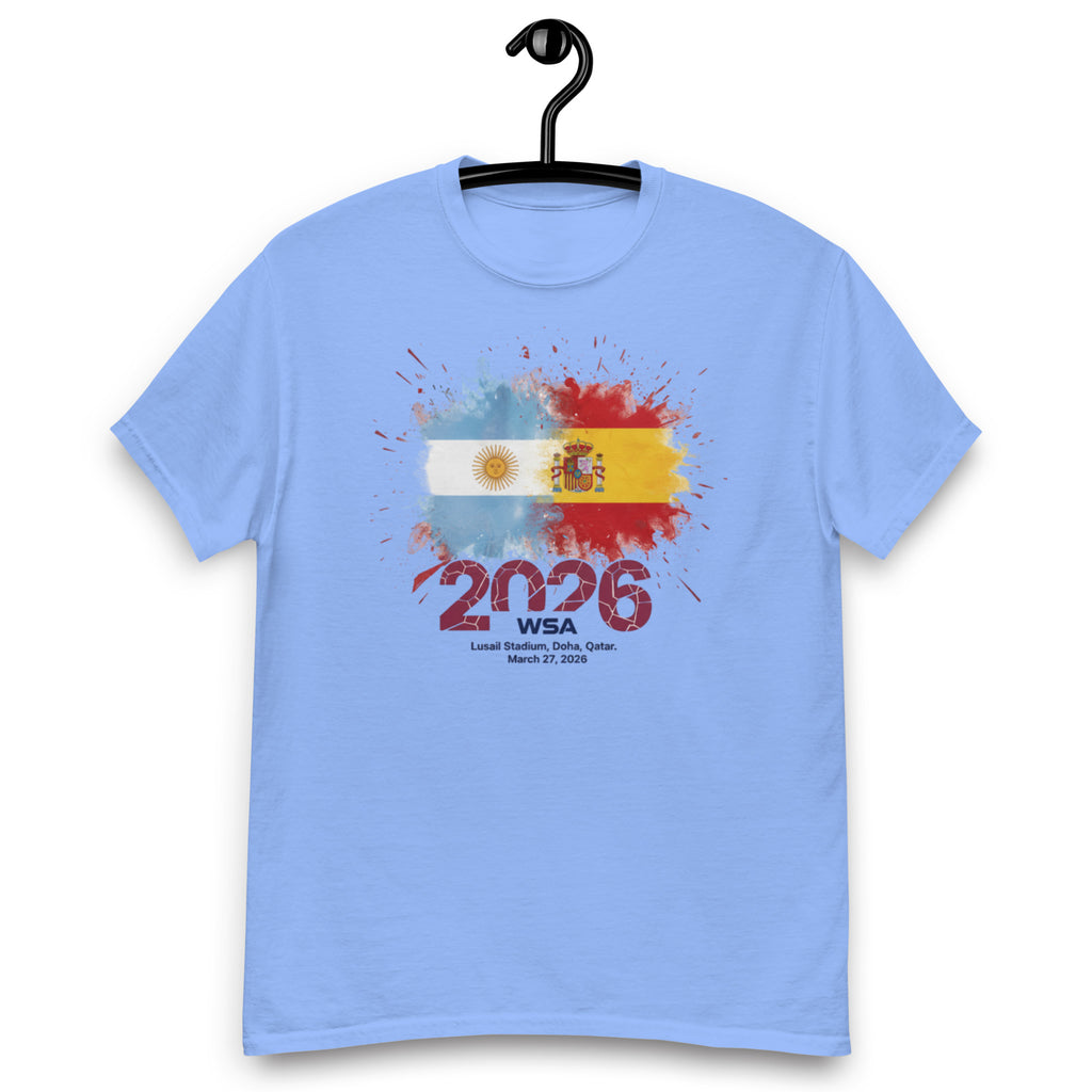 Light blue t-shirt with colorful design and text on a white background
