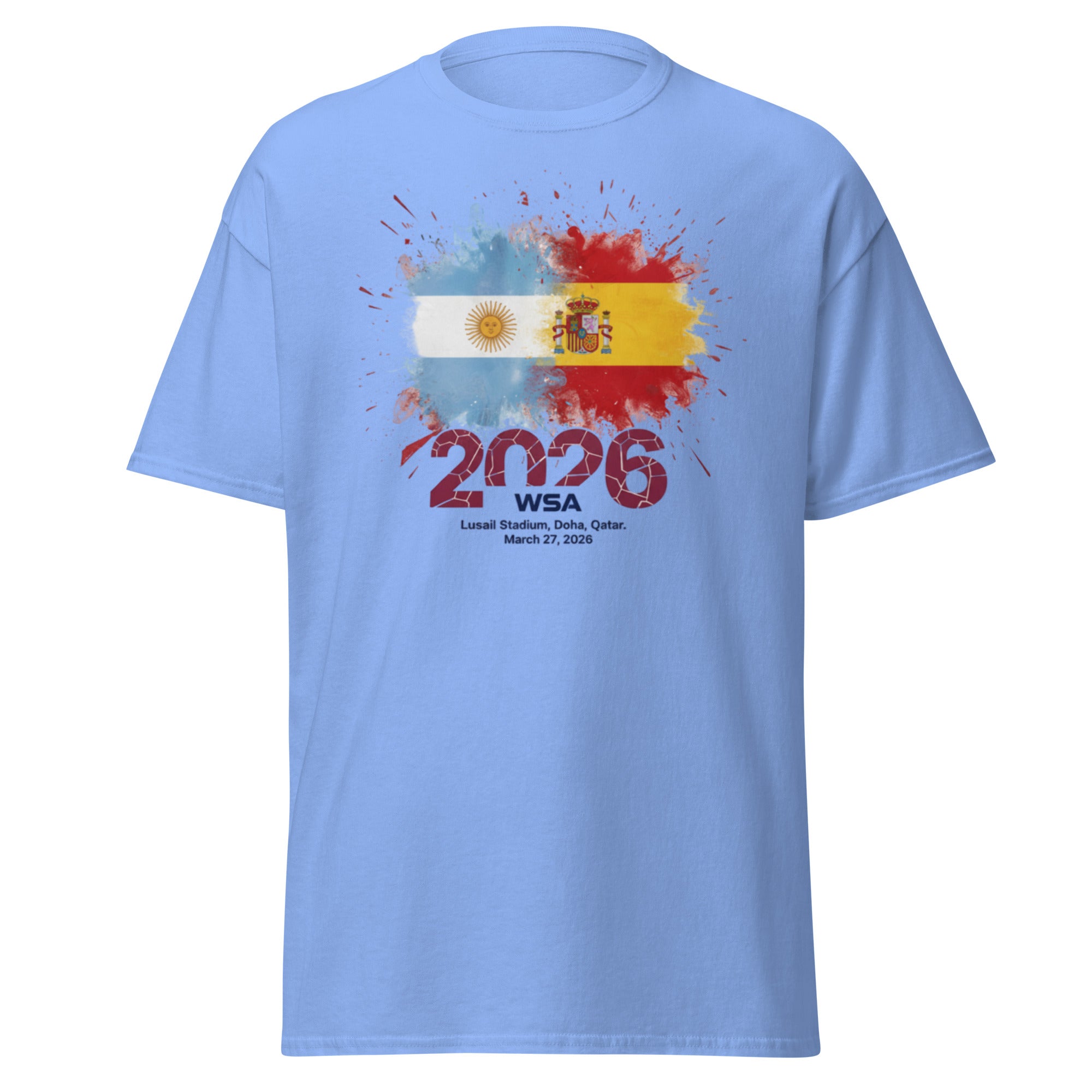 Light blue t-shirt with colorful design and text on a white background