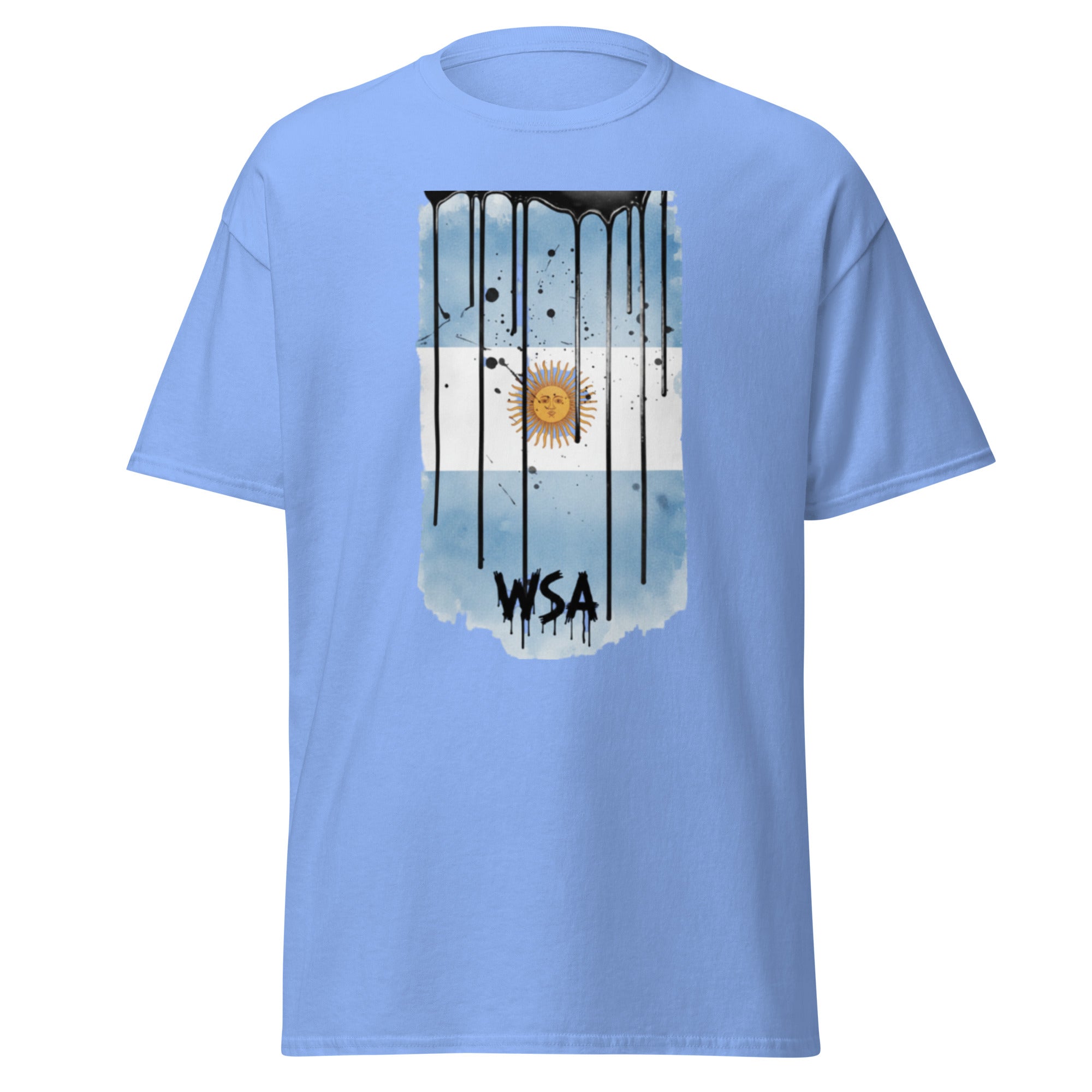 Light blue t-shirt with a graphic design of an Argentine flag and 'WSA' text on a white background