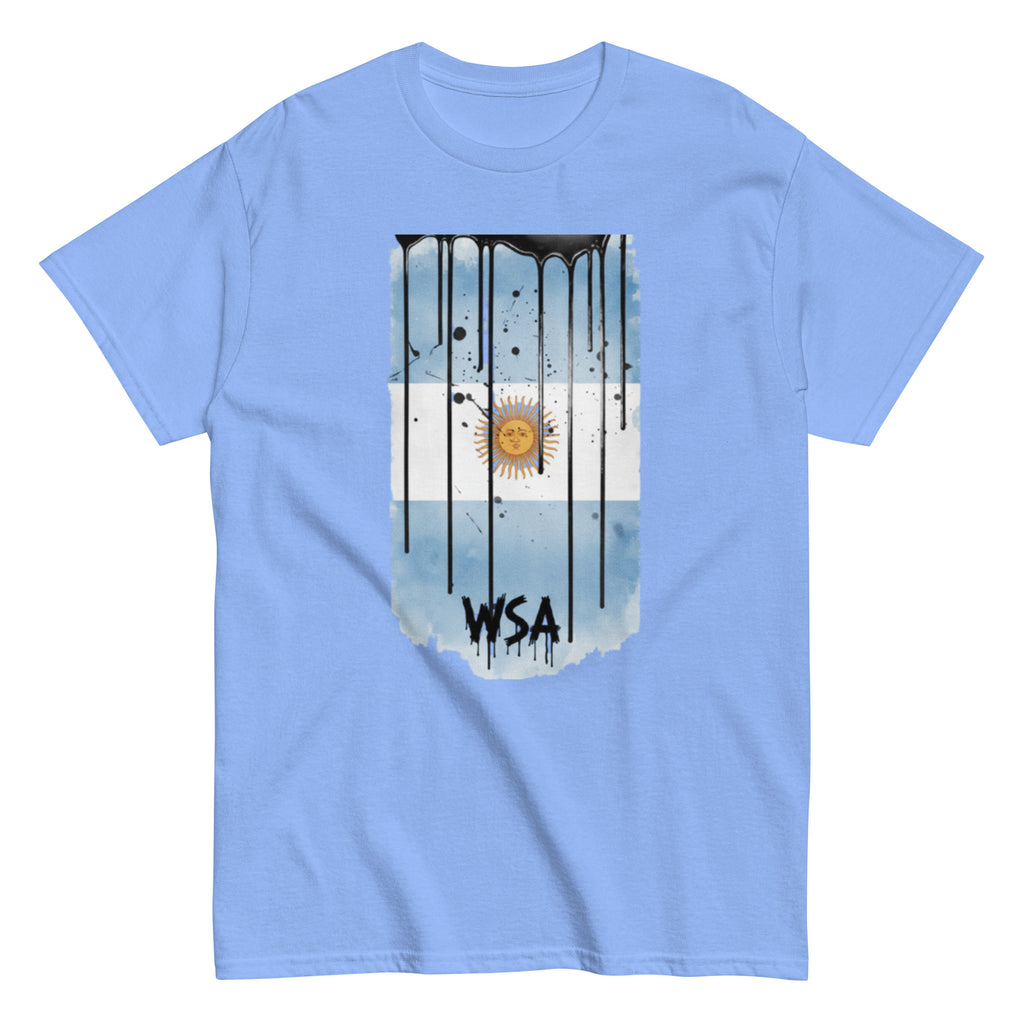 Light blue t-shirt with a graphic design of an Argentine flag and 'WSA' text on a white background