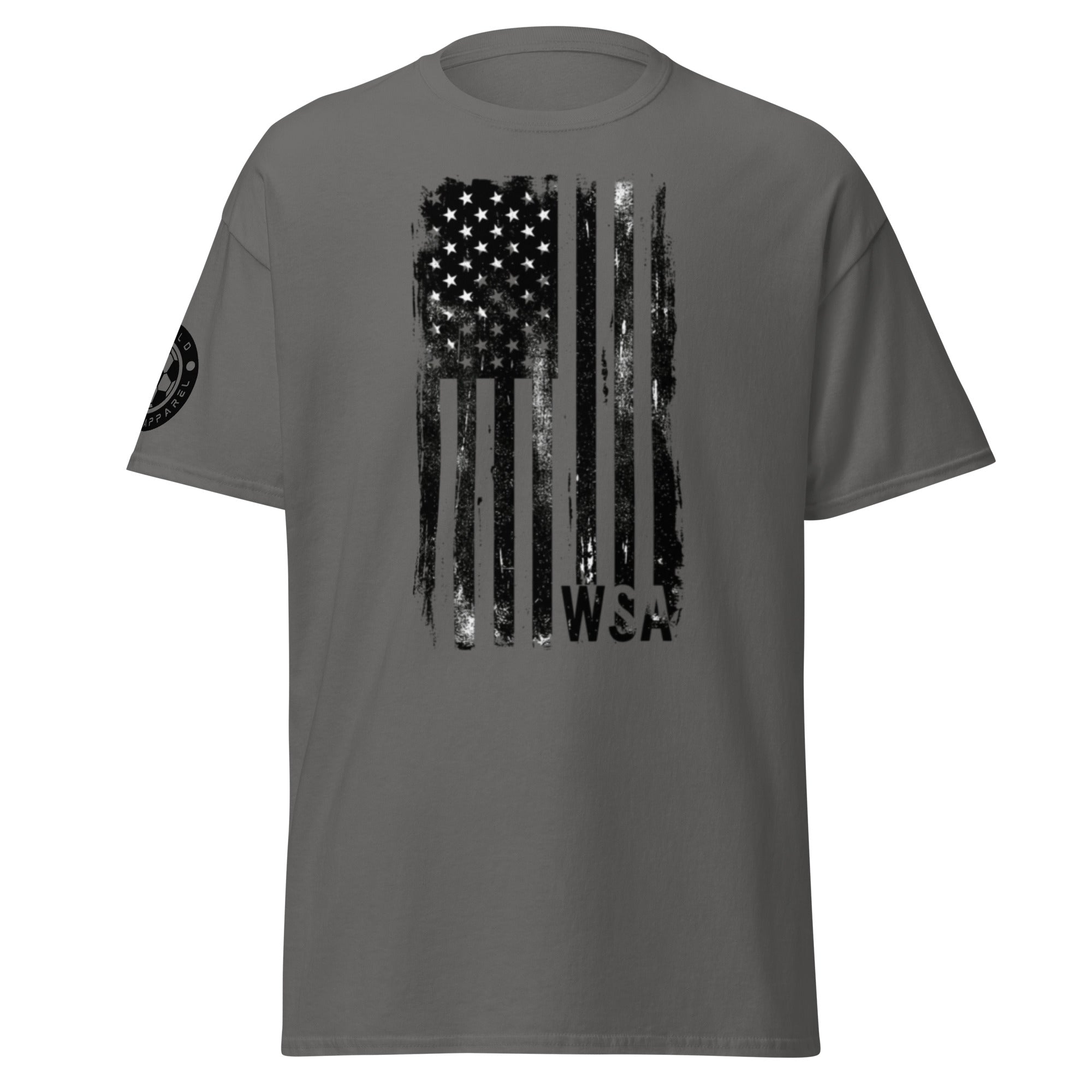 Gray t-shirt with black American flag graphic and 'WSA' text on a white background