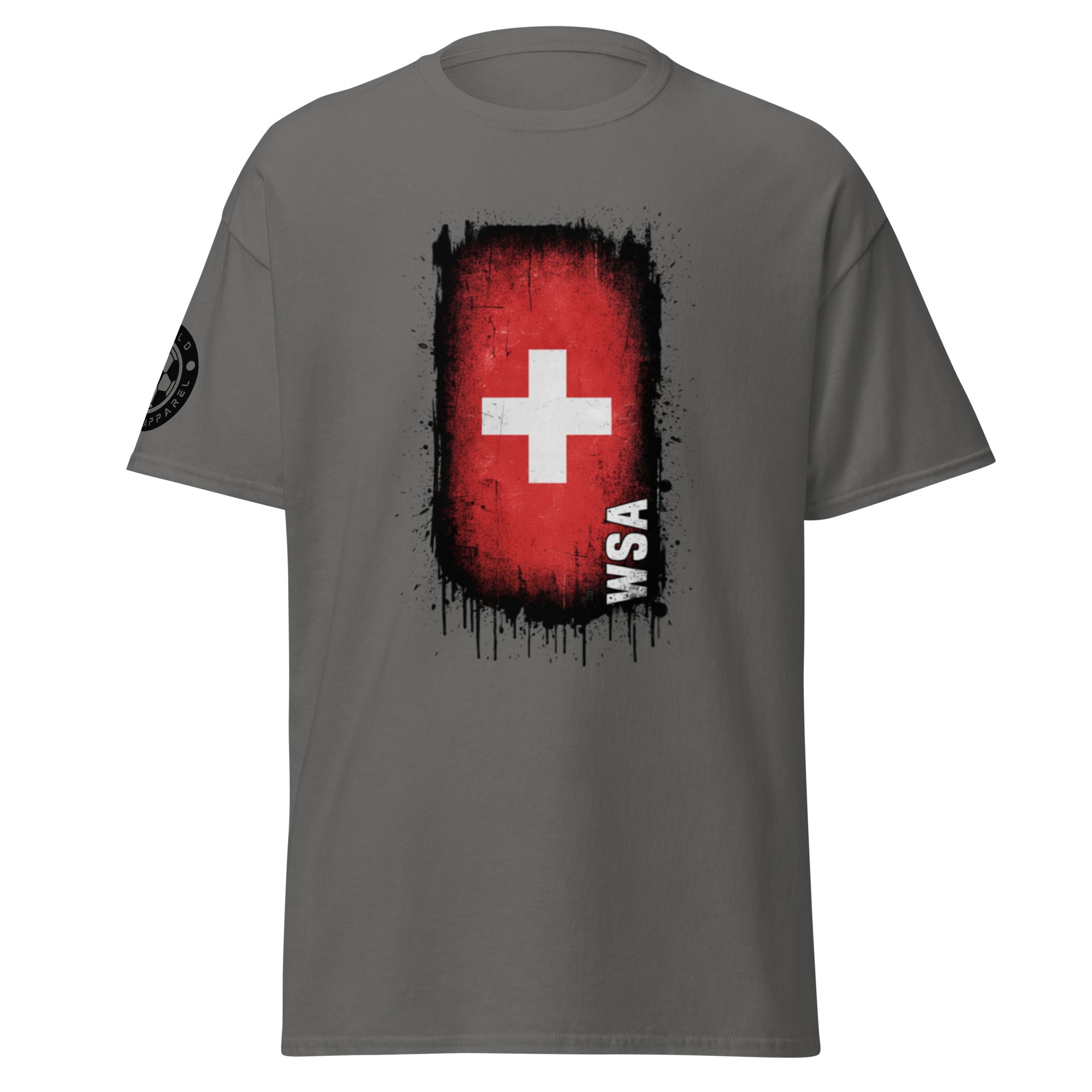 Gray t-shirt with a red and black design featuring a white cross and 'WSA' text on a white background.