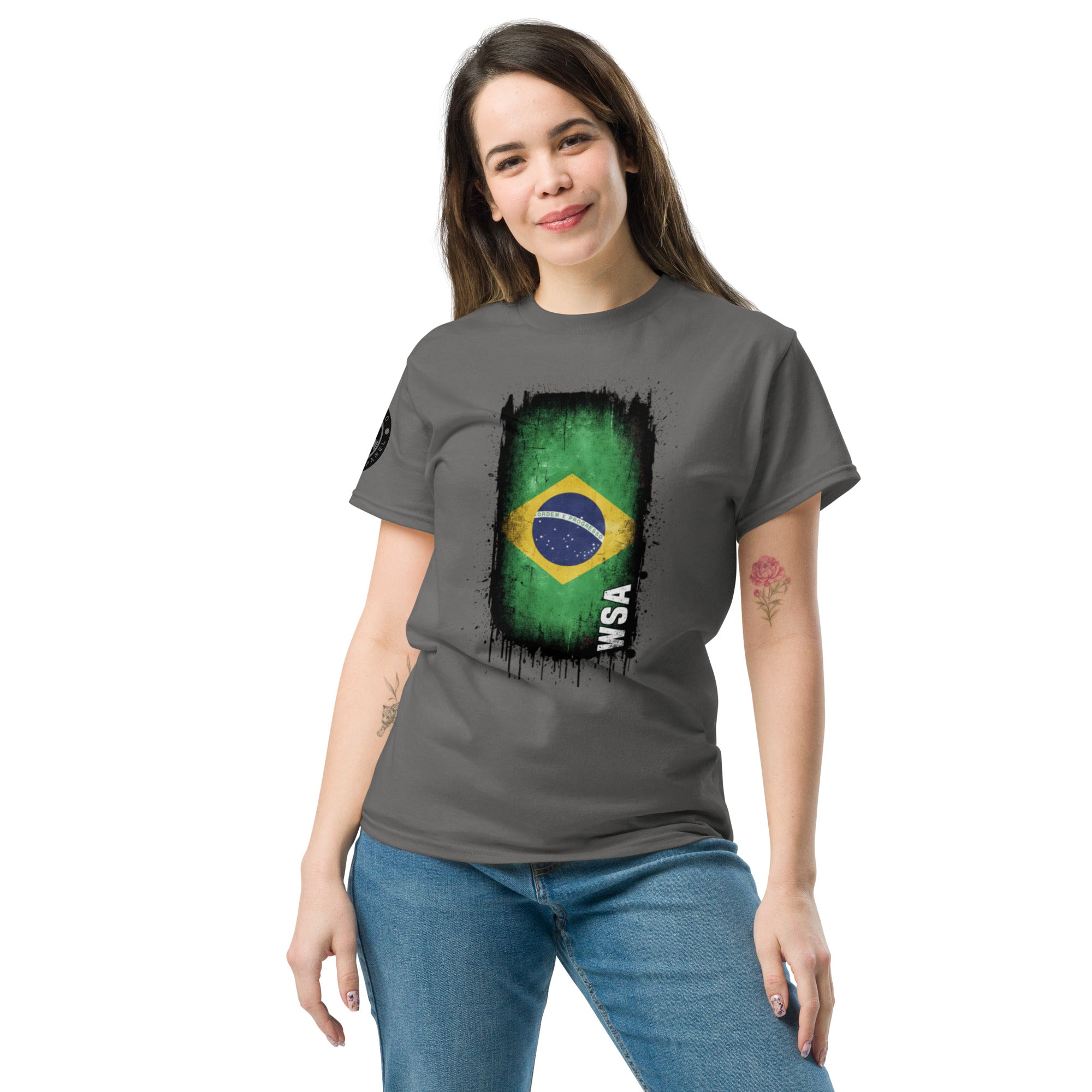 Woman wearing a gray t-shirt with a Brazilian flag design on a white background