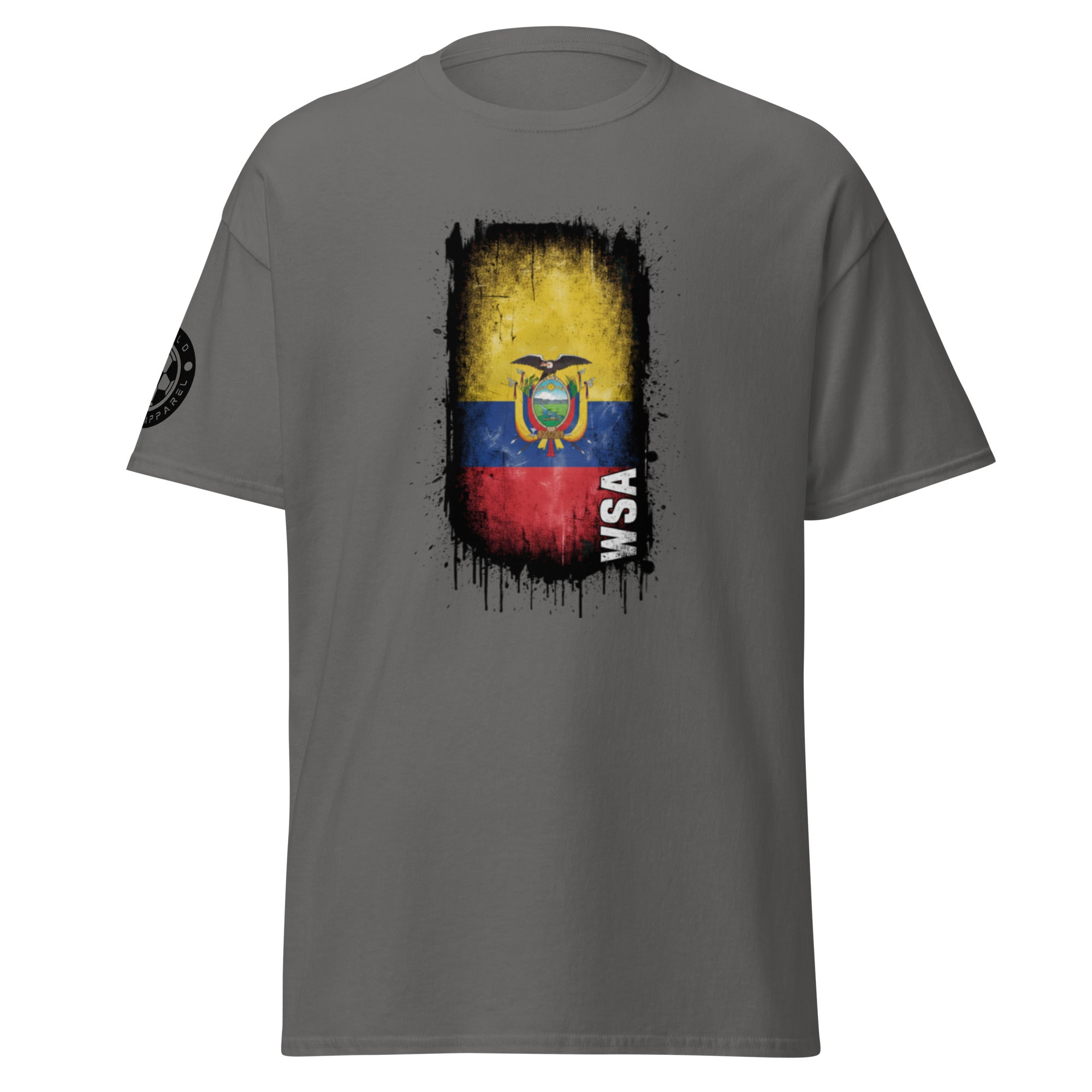 Gray t-shirt with Ecuadorian flag design on a white background
