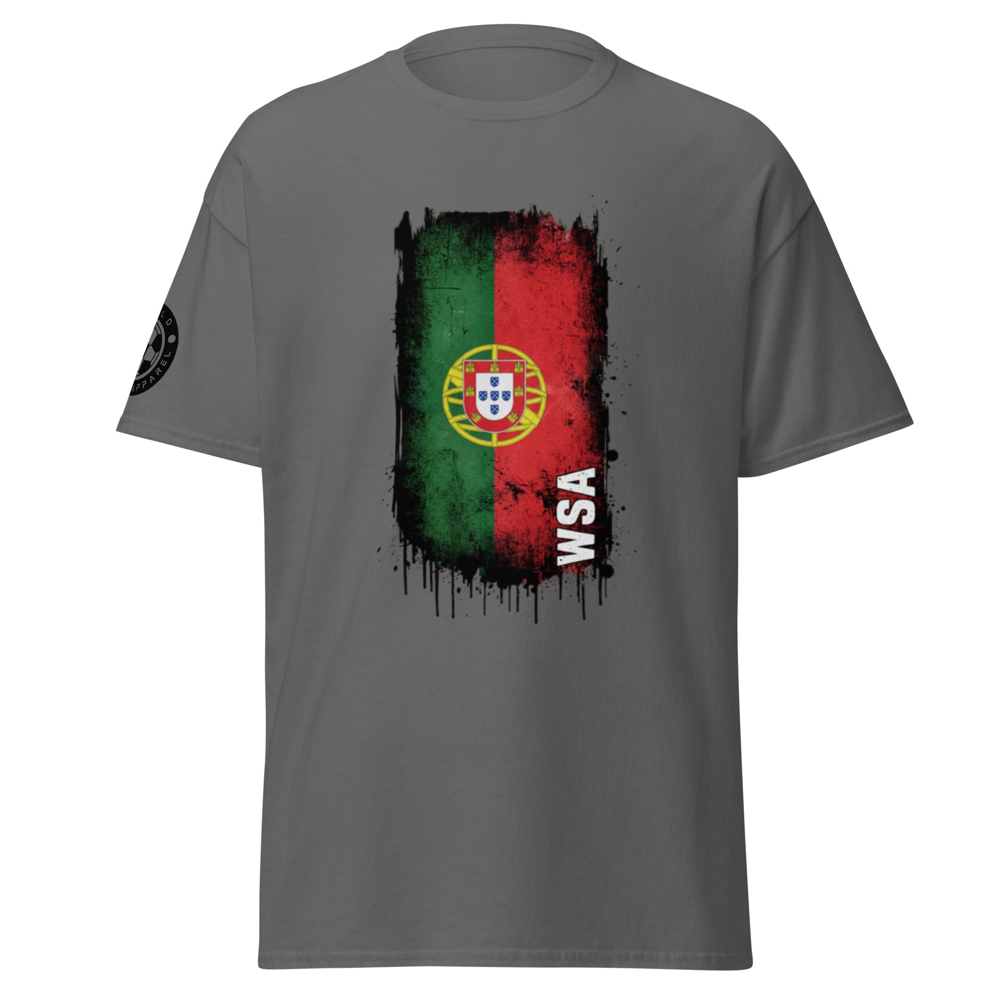 Gray t-shirt with a colorful graphic design on a white background