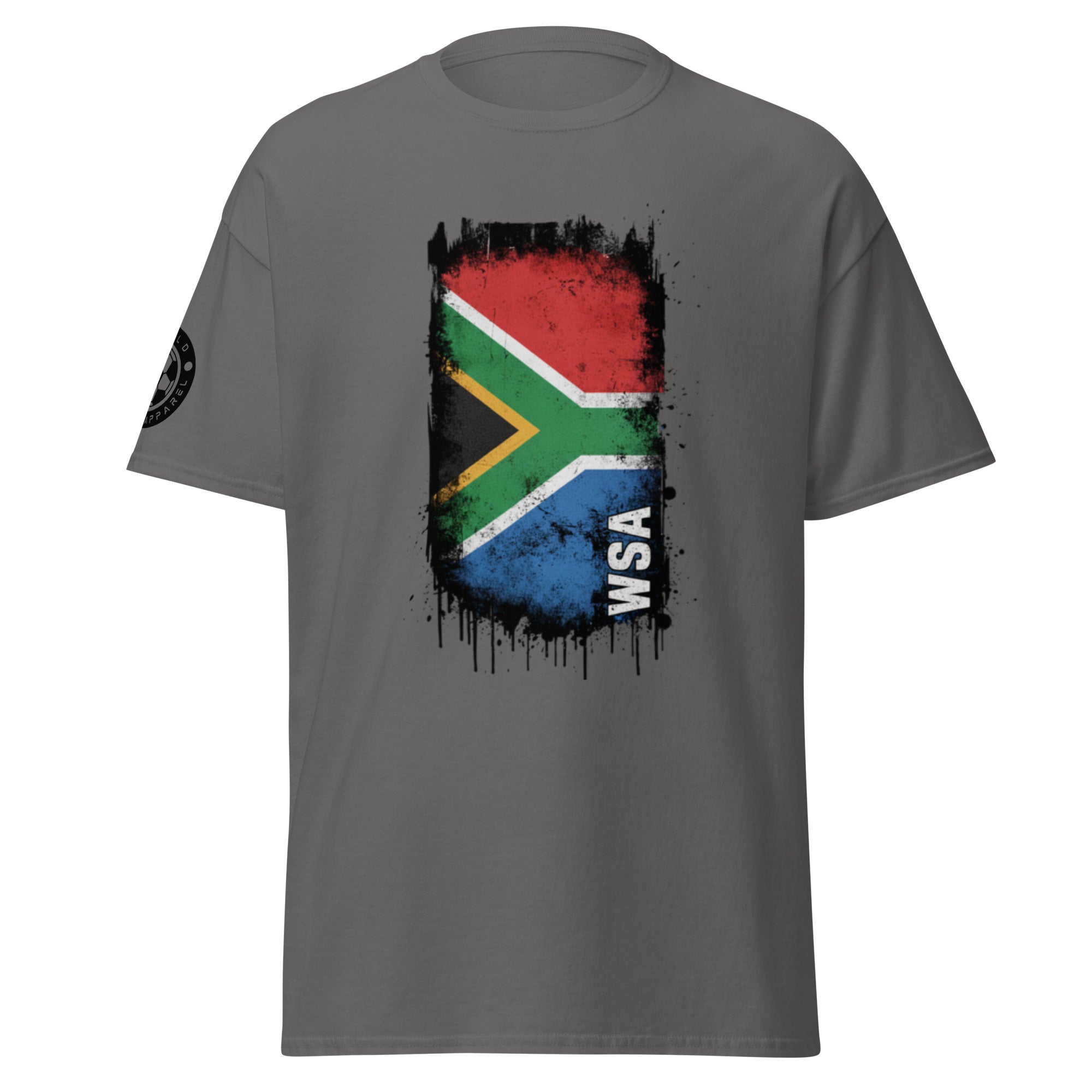 Gray t-shirt with South African flag design and 'WSA' text on a white background