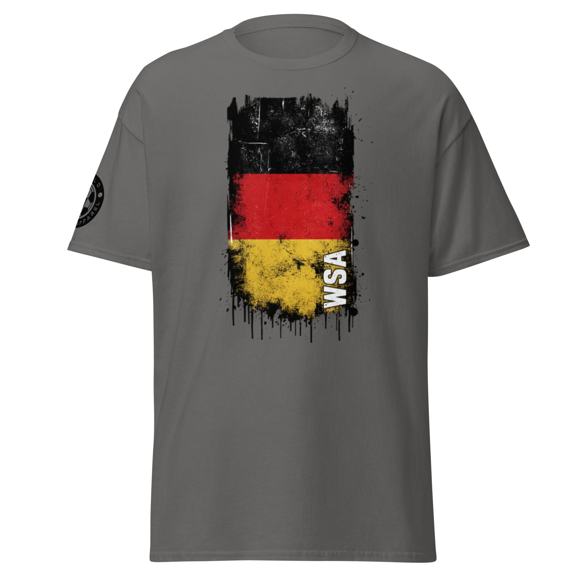Gray t-shirt with a graphic design featuring a flag and 'WSA' text on a white background
