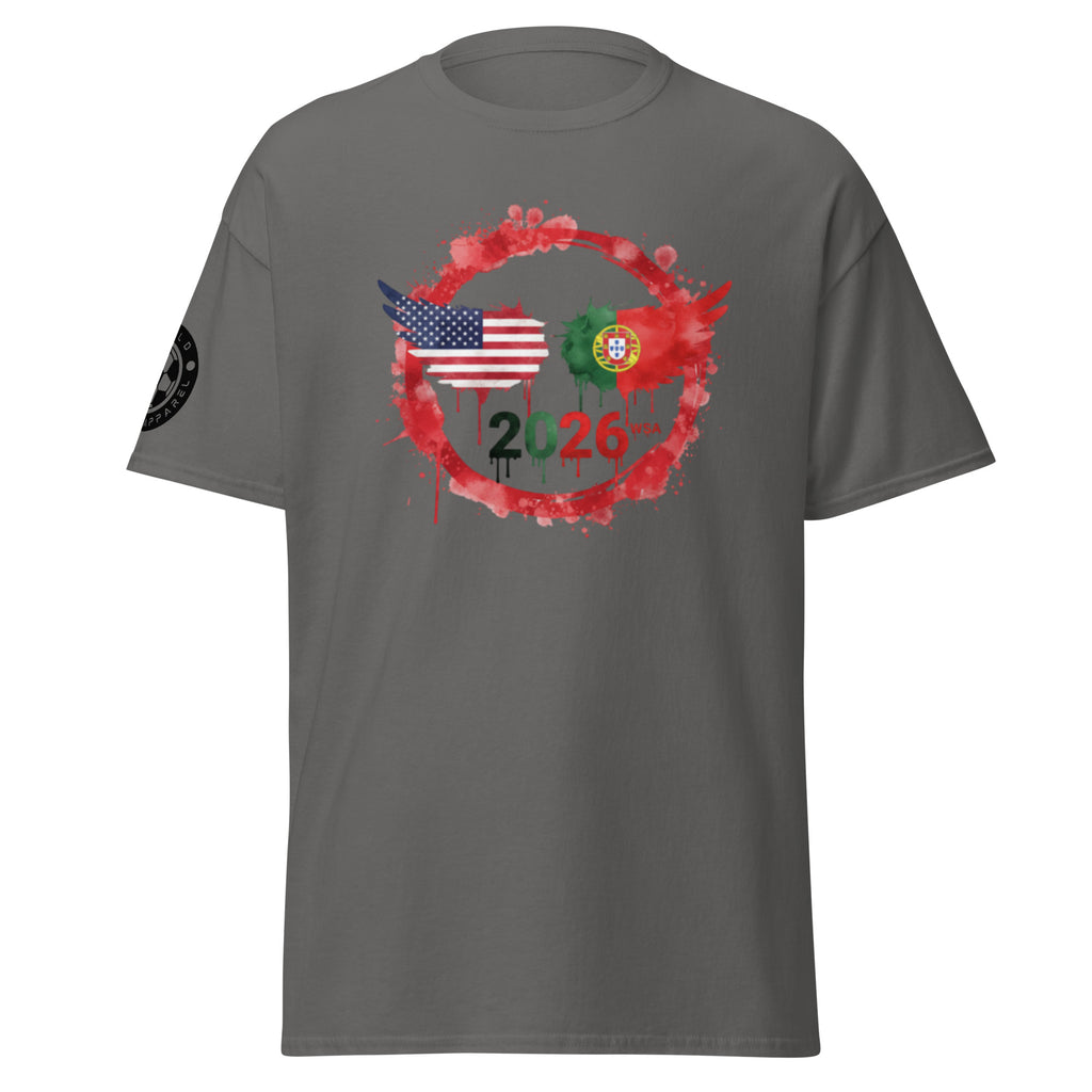 Gray t-shirt with a design of two flags and the number 2026 on a white background