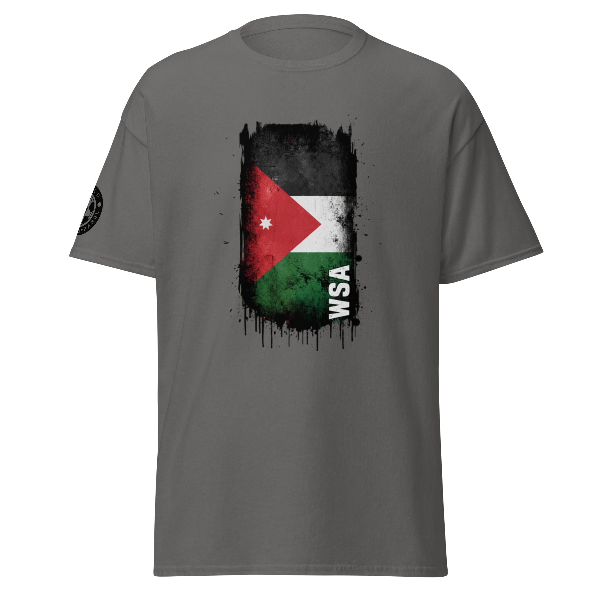 Gray t-shirt with Jordanian flag design and 'WSA' text on a white background