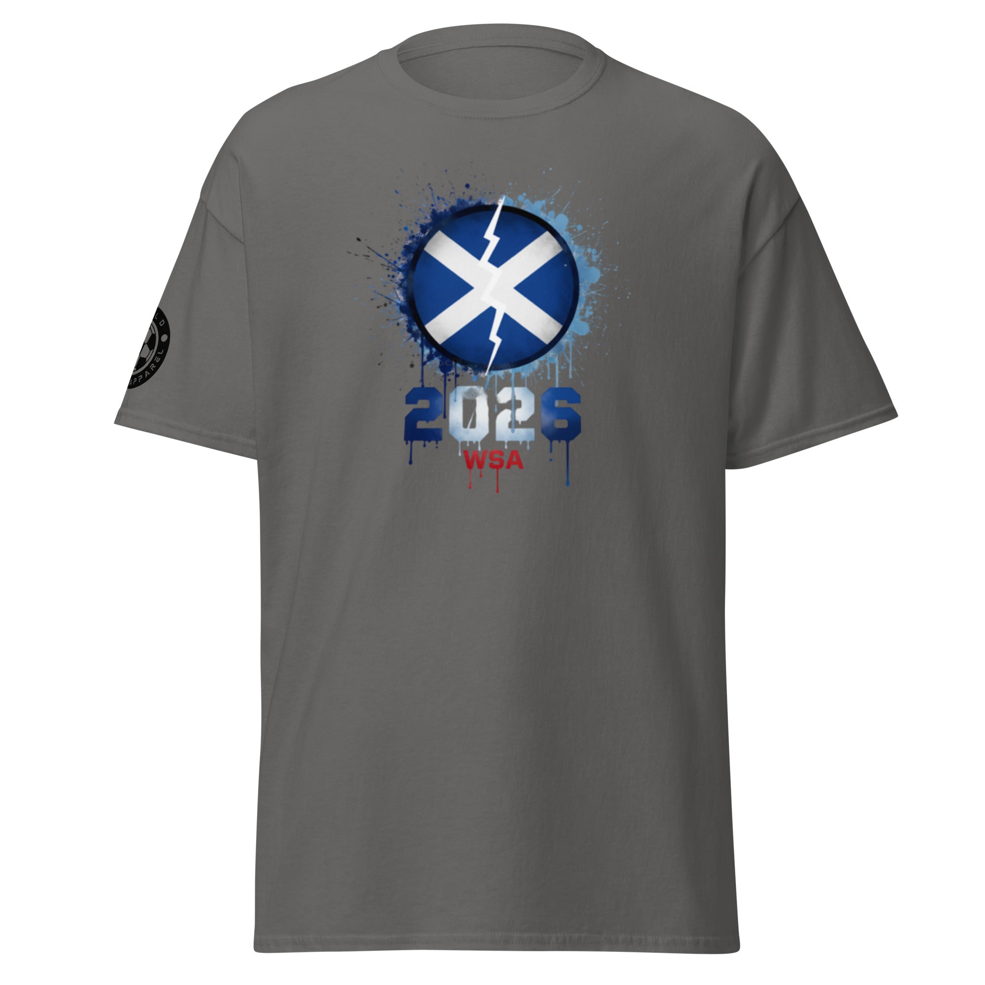 Gray t-shirt with a blue and white design featuring a saltire and text on a white background