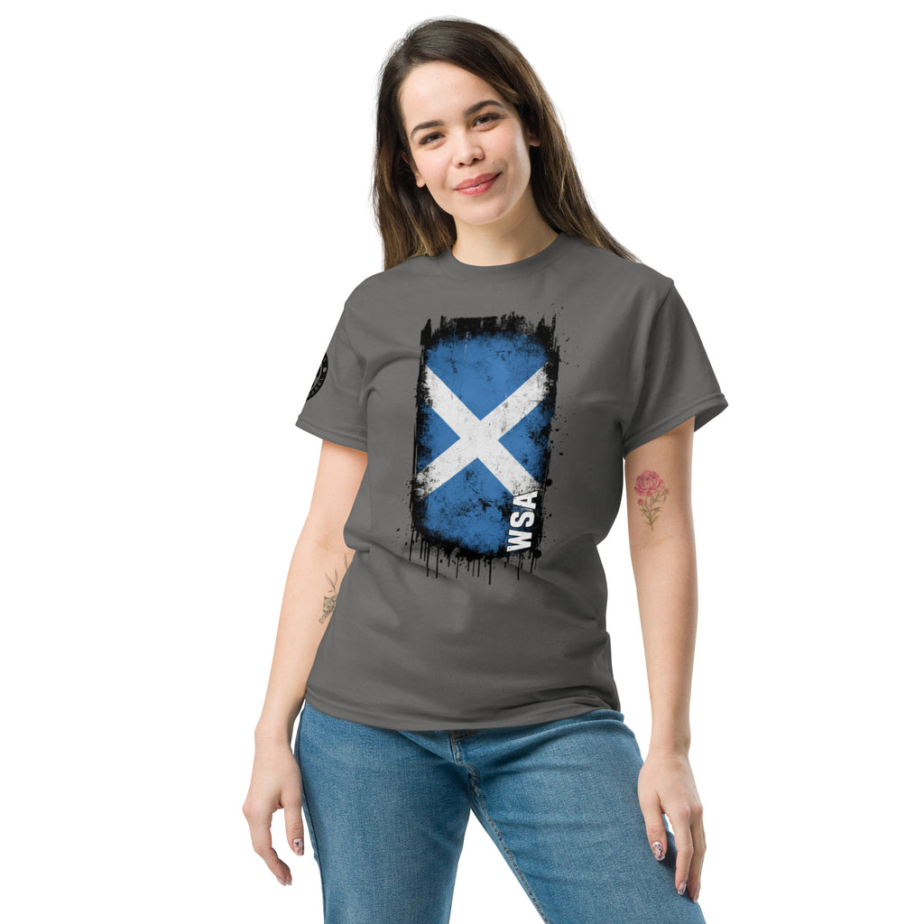 Woman wearing a gray t-shirt with a blue and white flag design on a white background