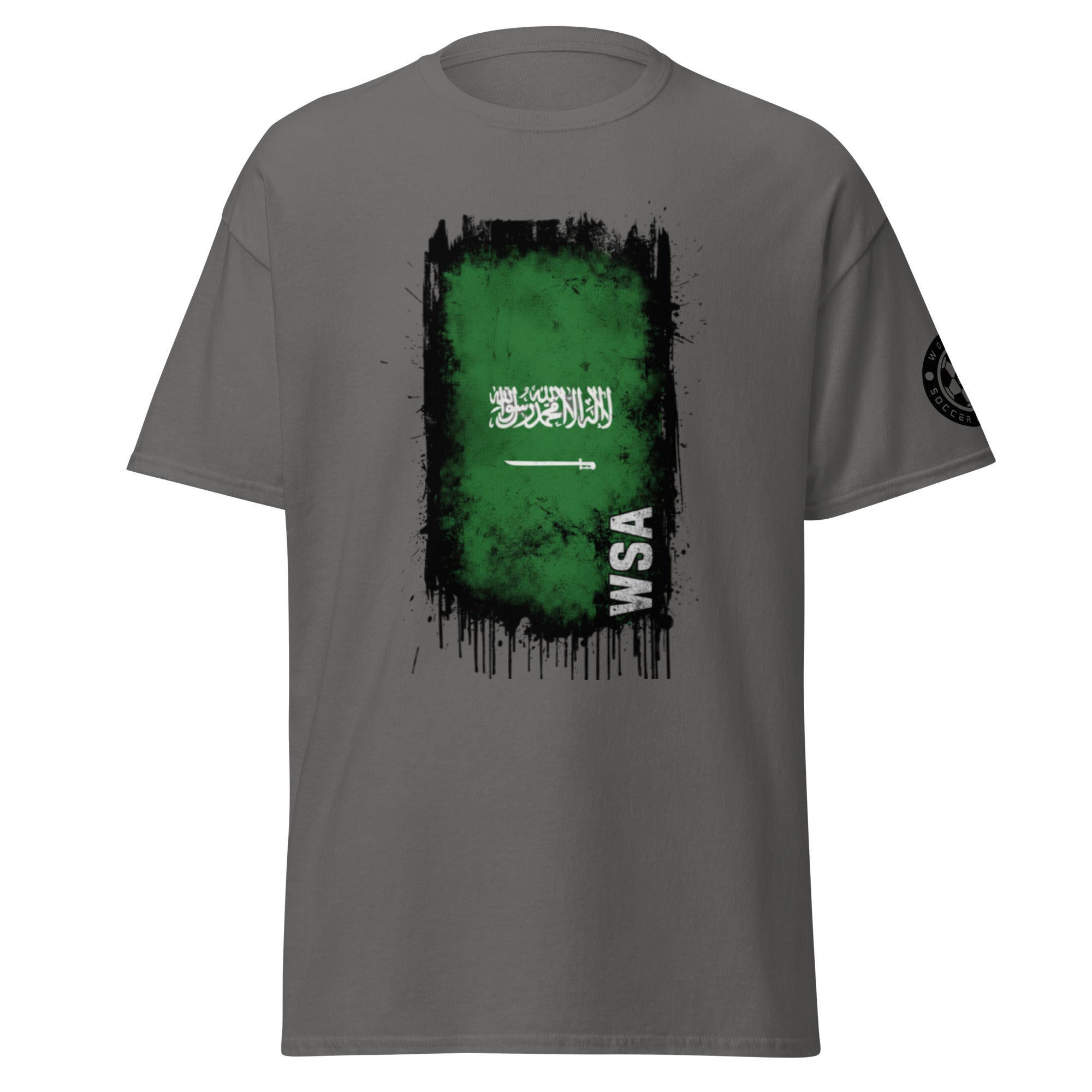 Gray t-shirt with a green and black graphic design on a white background