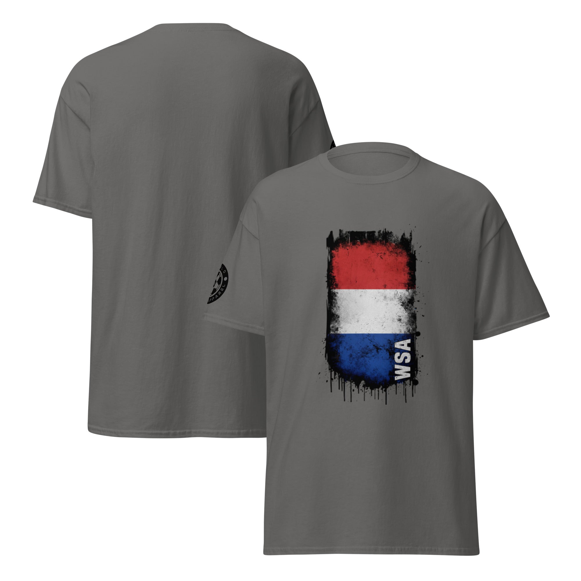 Gray t-shirt with a colorful graphic design on the front, displayed from front and back views.