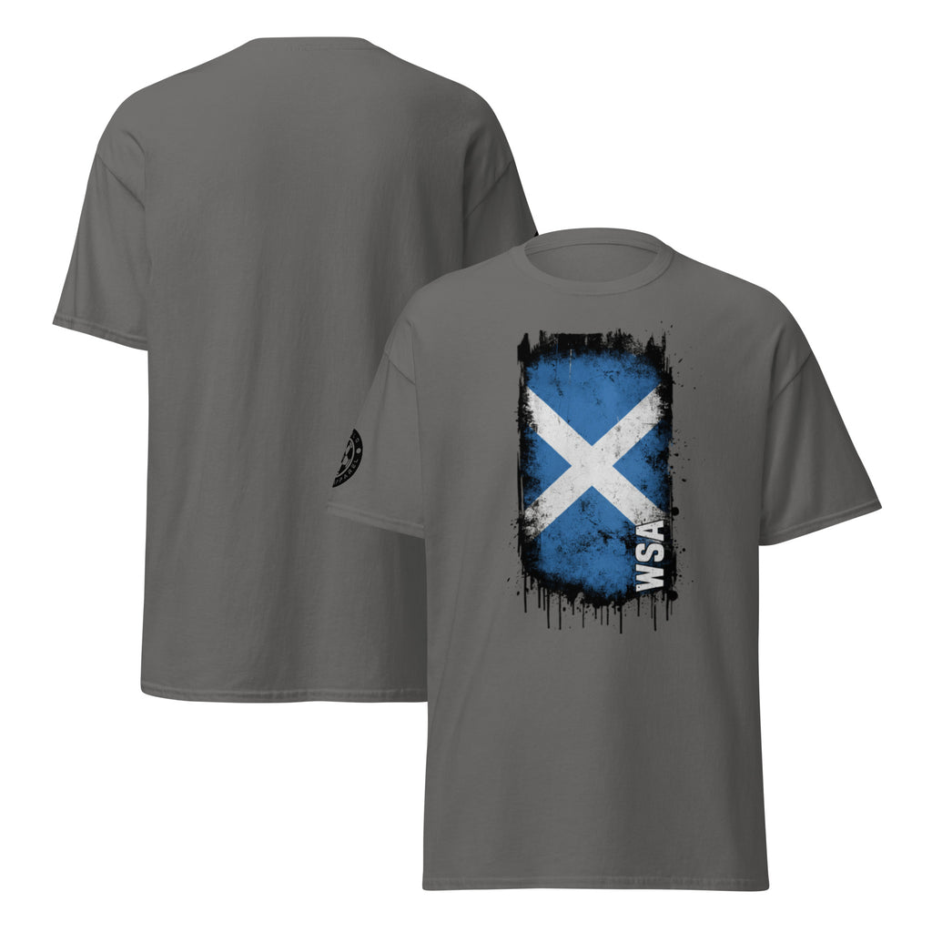 Gray t-shirt with Scottish flag design on a white background