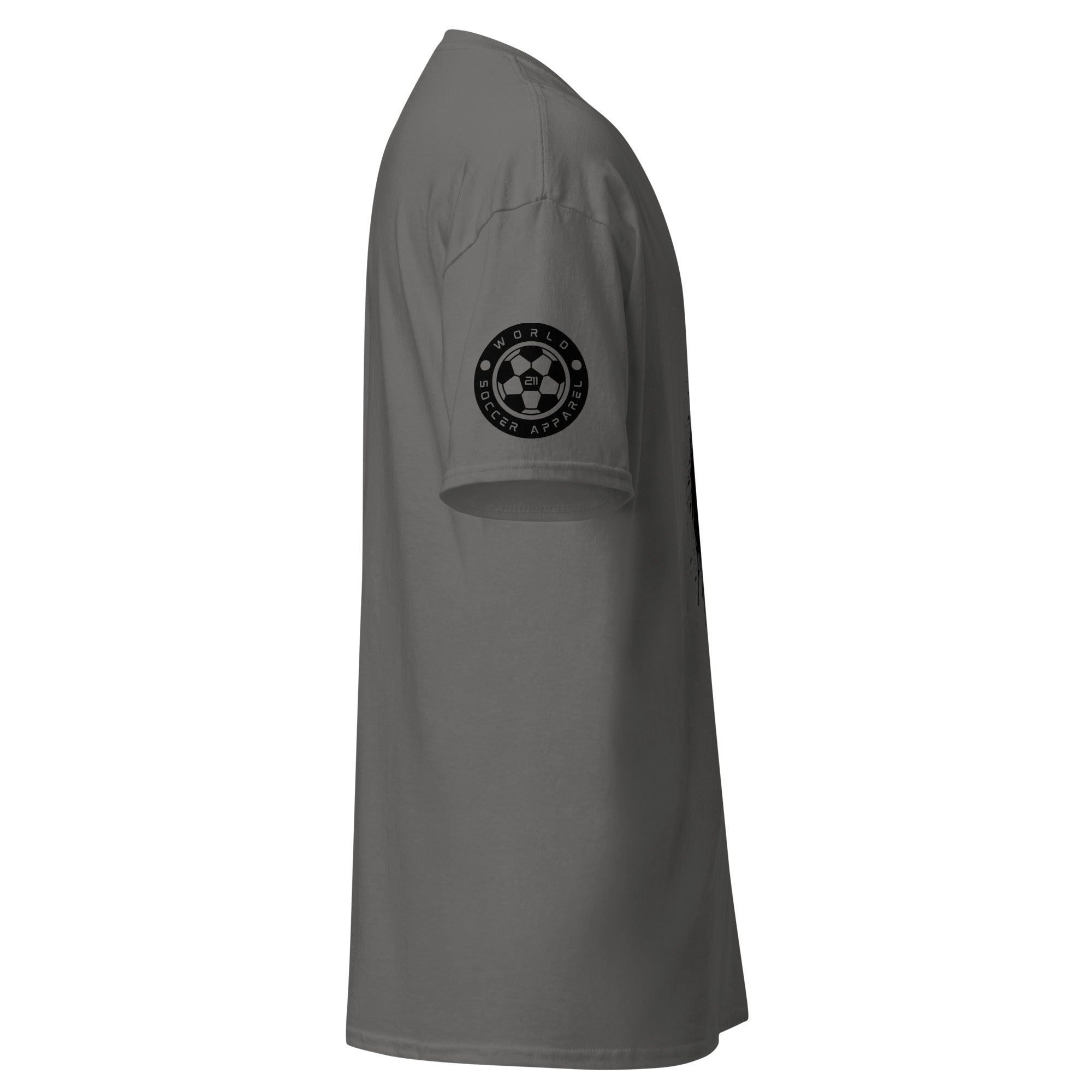 Gray t-shirt with a logo on the sleeve against a white background