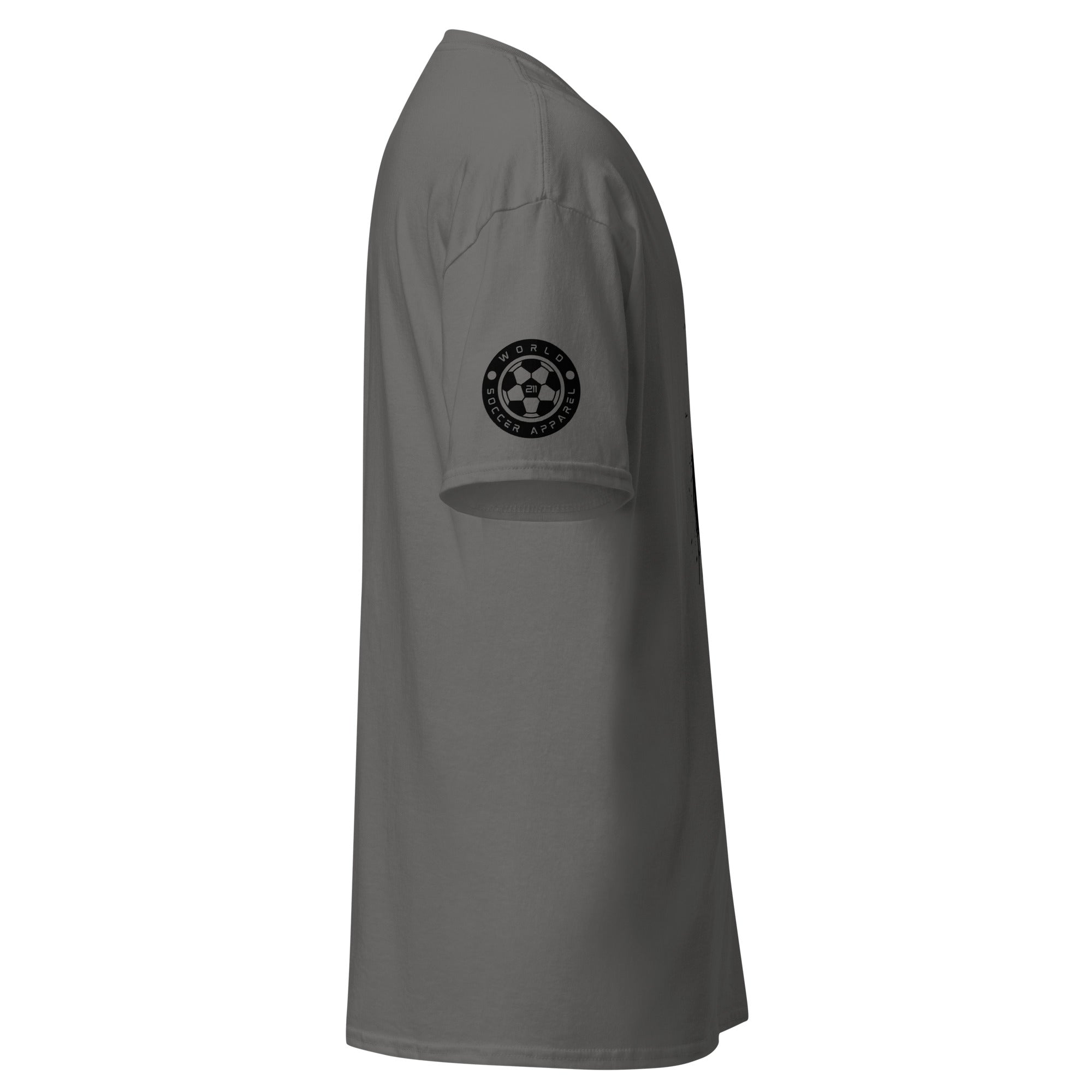 Gray t-shirt with a logo on the sleeve against a white background