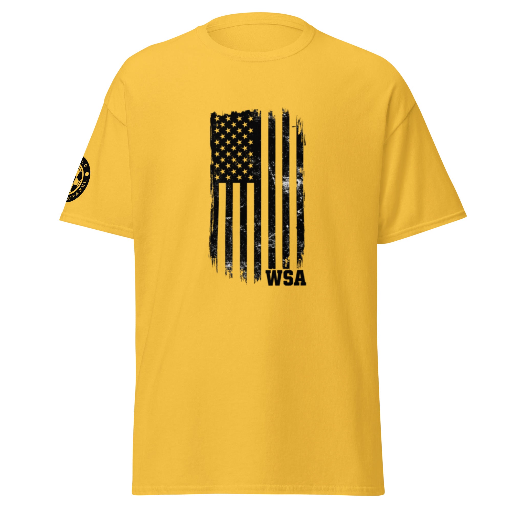 Yellow t-shirt with black American flag graphic and 'WSA' text on a white background