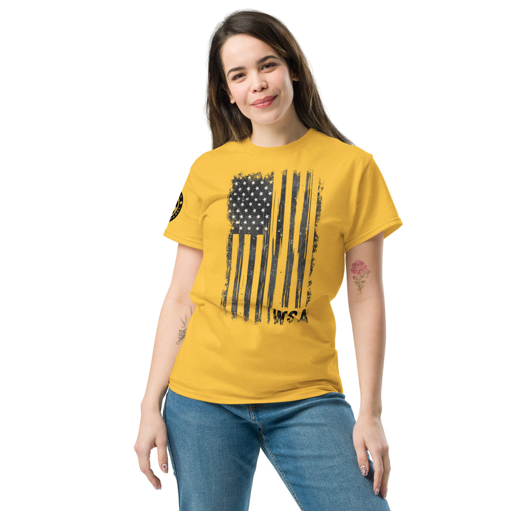Woman wearing a yellow t-shirt with an American flag design on a white background