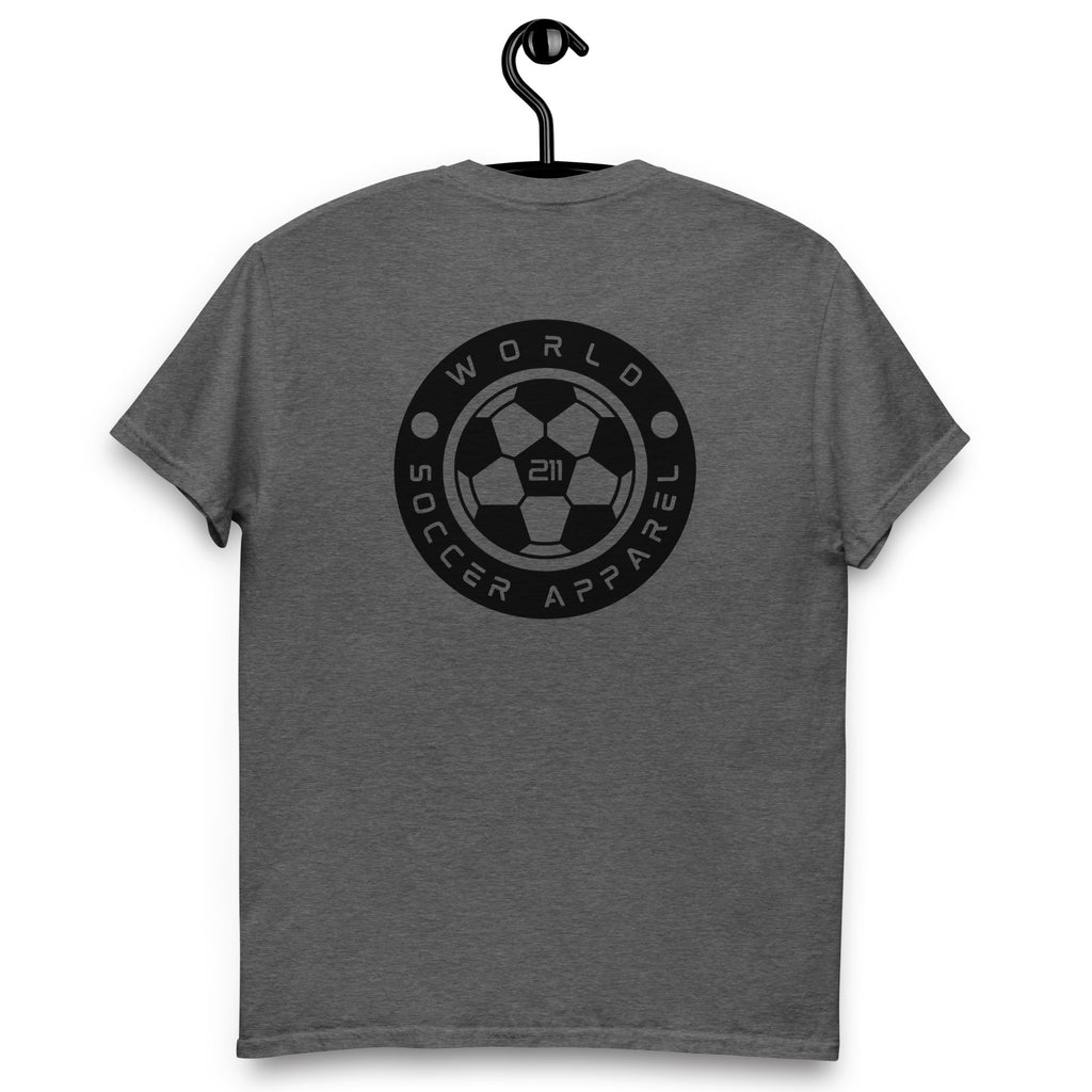 Gray t-shirt with World Soccer Apparel logo on a hanger