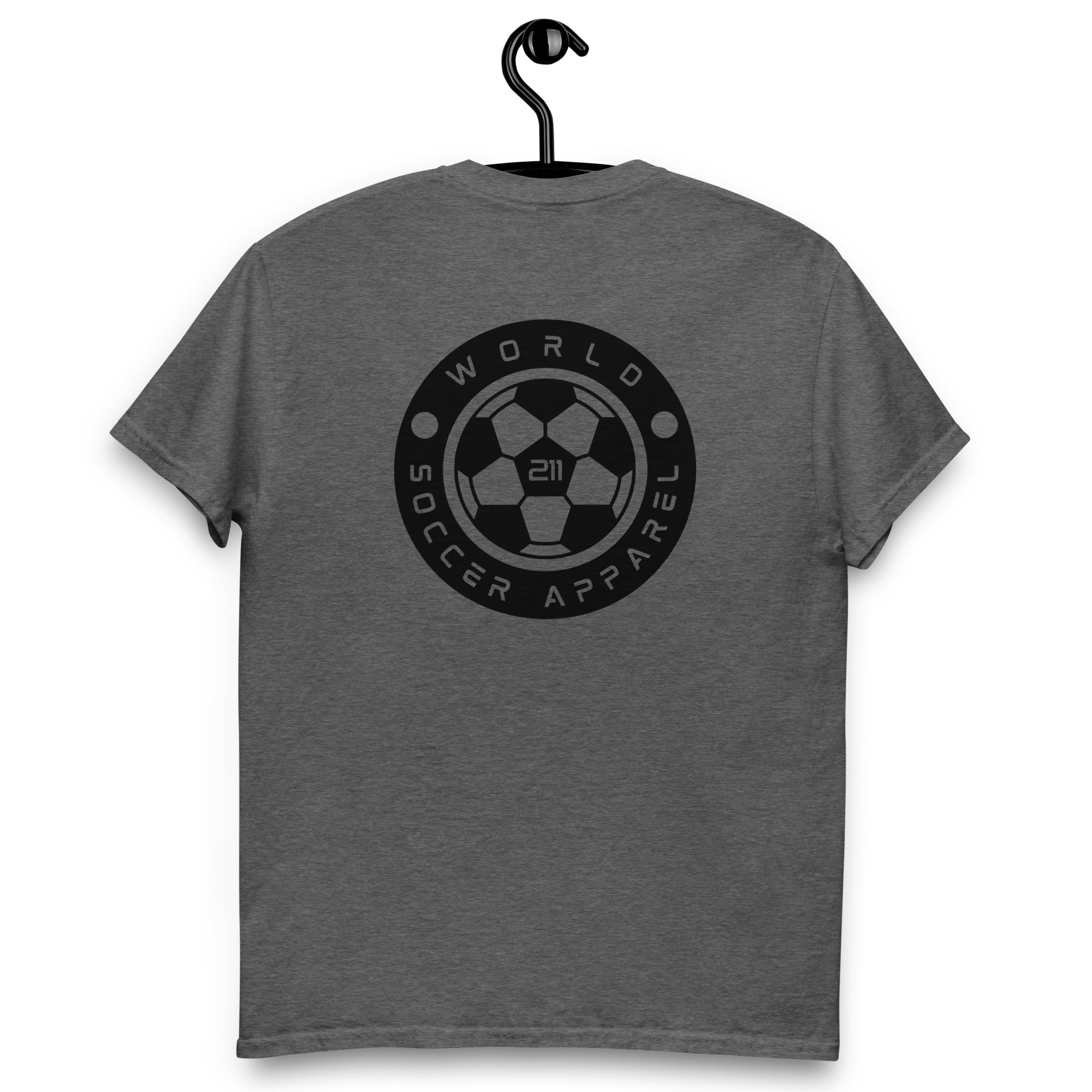 Gray t-shirt with World Soccer Apparel logo on a hanger