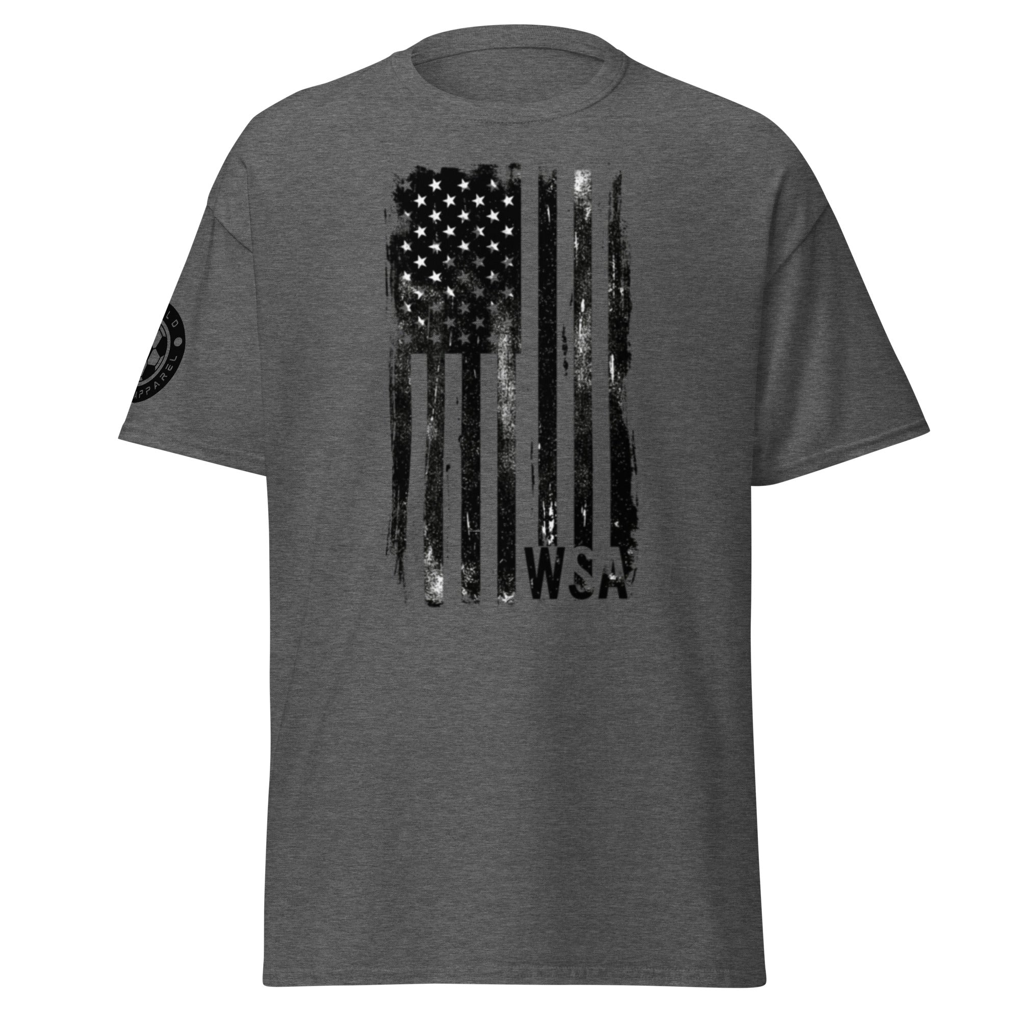 Gray t-shirt with black American flag graphic and 'WSW' text on a white background
