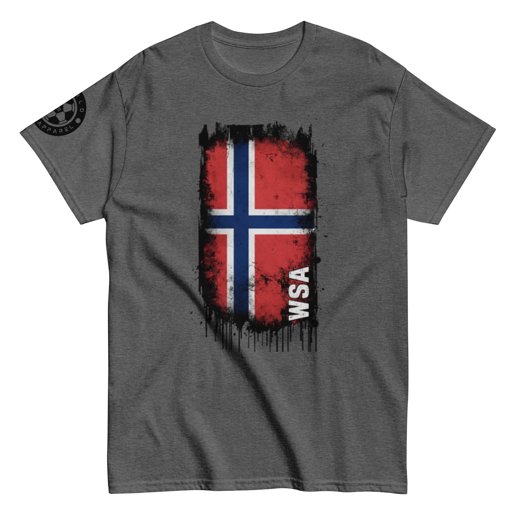Gray t-shirt with a red and blue flag design on a white background