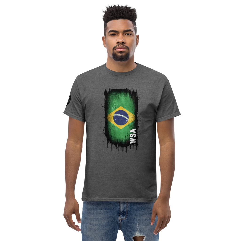 Man wearing a gray t-shirt with a Brazilian flag design on a white background