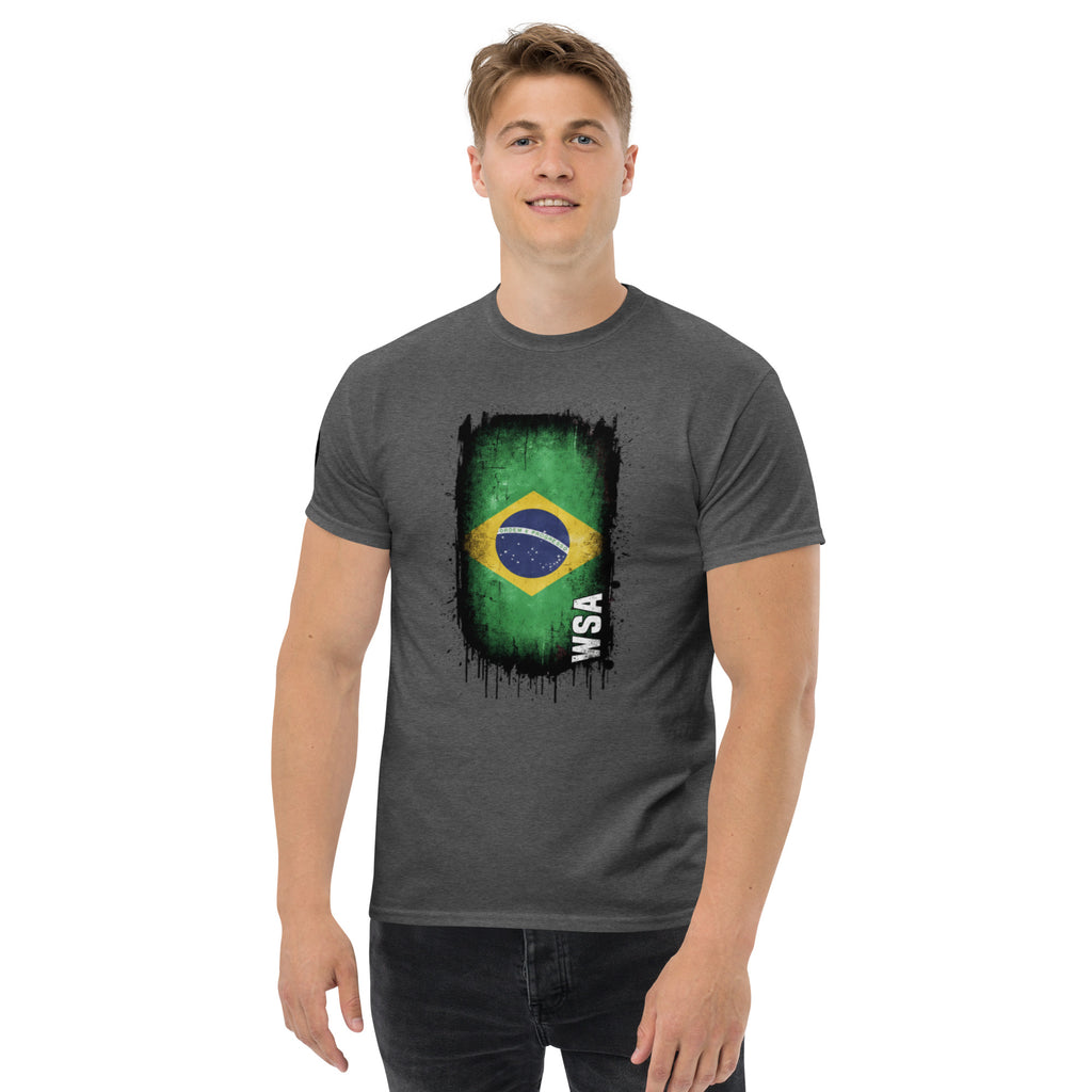 Man wearing a gray t-shirt with a Brazilian flag design on a white background